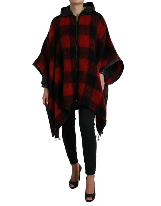 Dolce & Gabbana Black Red Buffalo Check Hooded Poncho Jacket Dolce & Gabbana