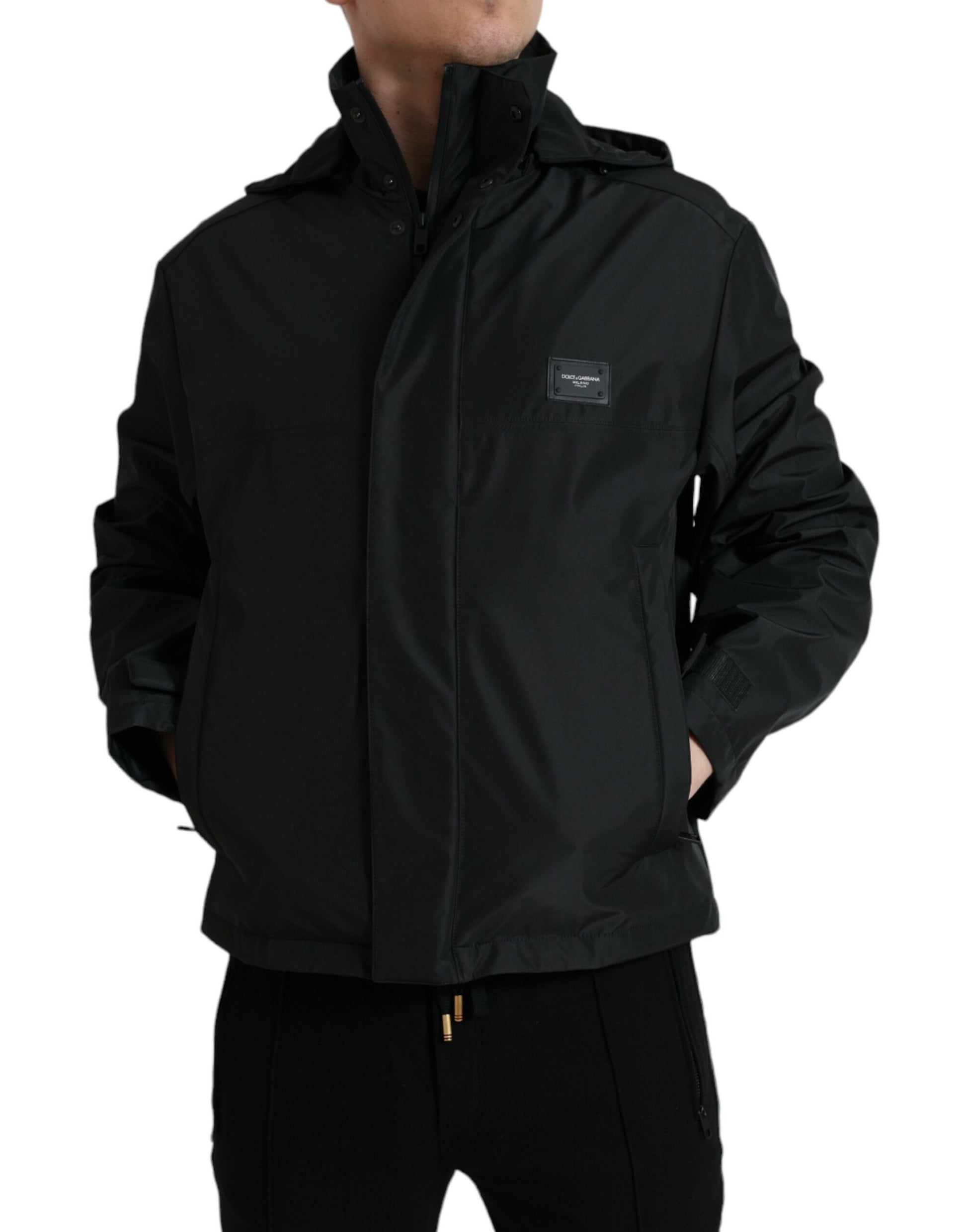 Dolce & Gabbana Black Polyester Logo Plaque Hooded Jacket Dolce & Gabbana