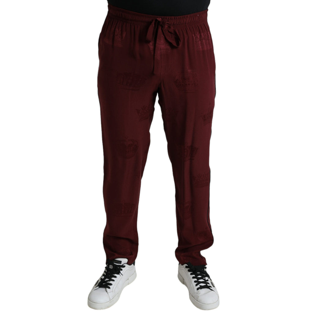 Dolce & Gabbana Maroon Crown Pattern Silk Pajama Pants