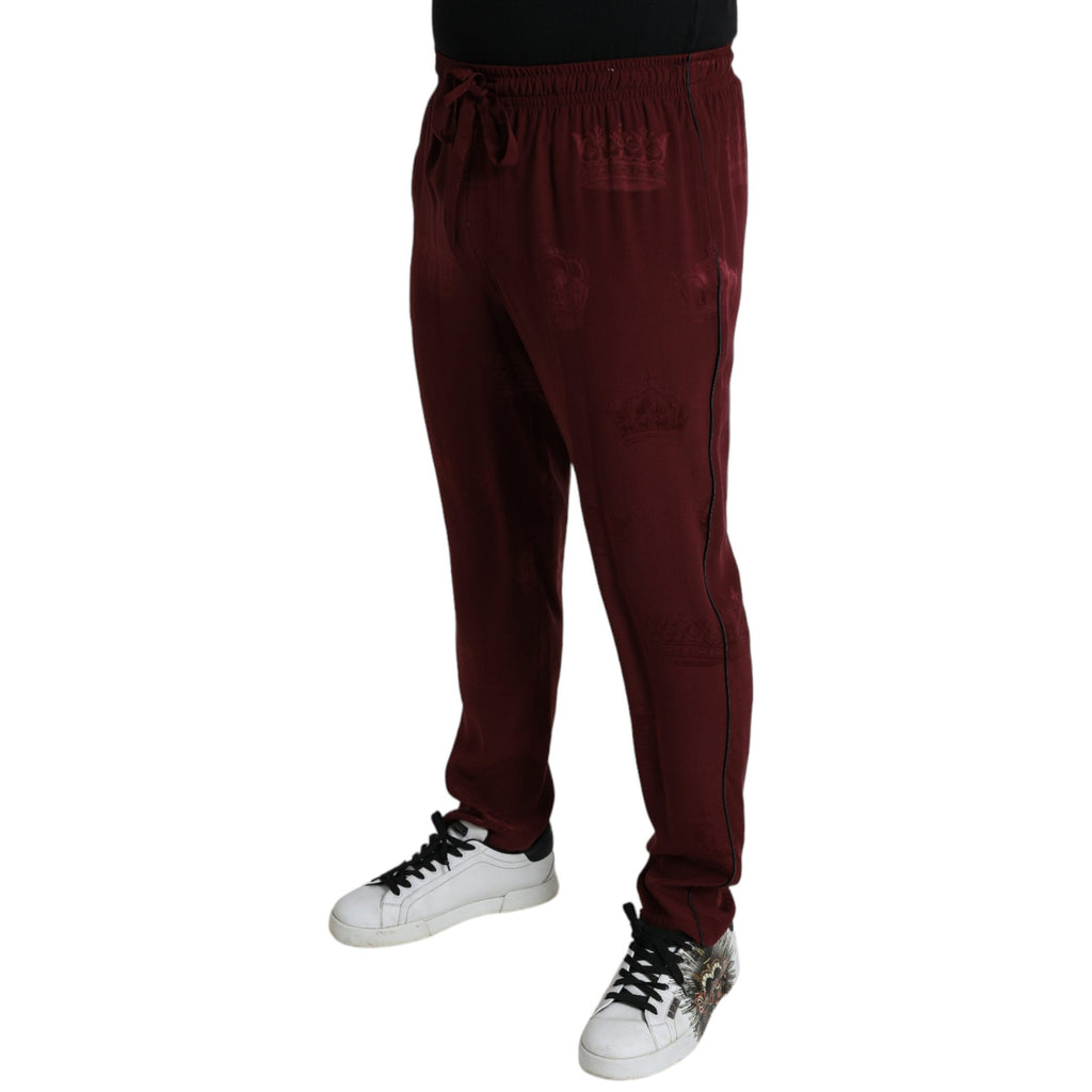 Dolce & Gabbana Maroon Crown Pattern Silk Pajama Pants