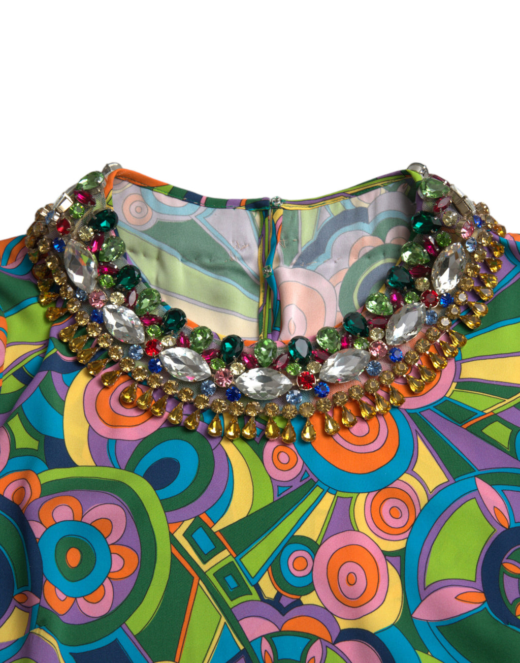 Dolce & Gabbana Multicolor Geometric Print Silk Crystals Midi Dress