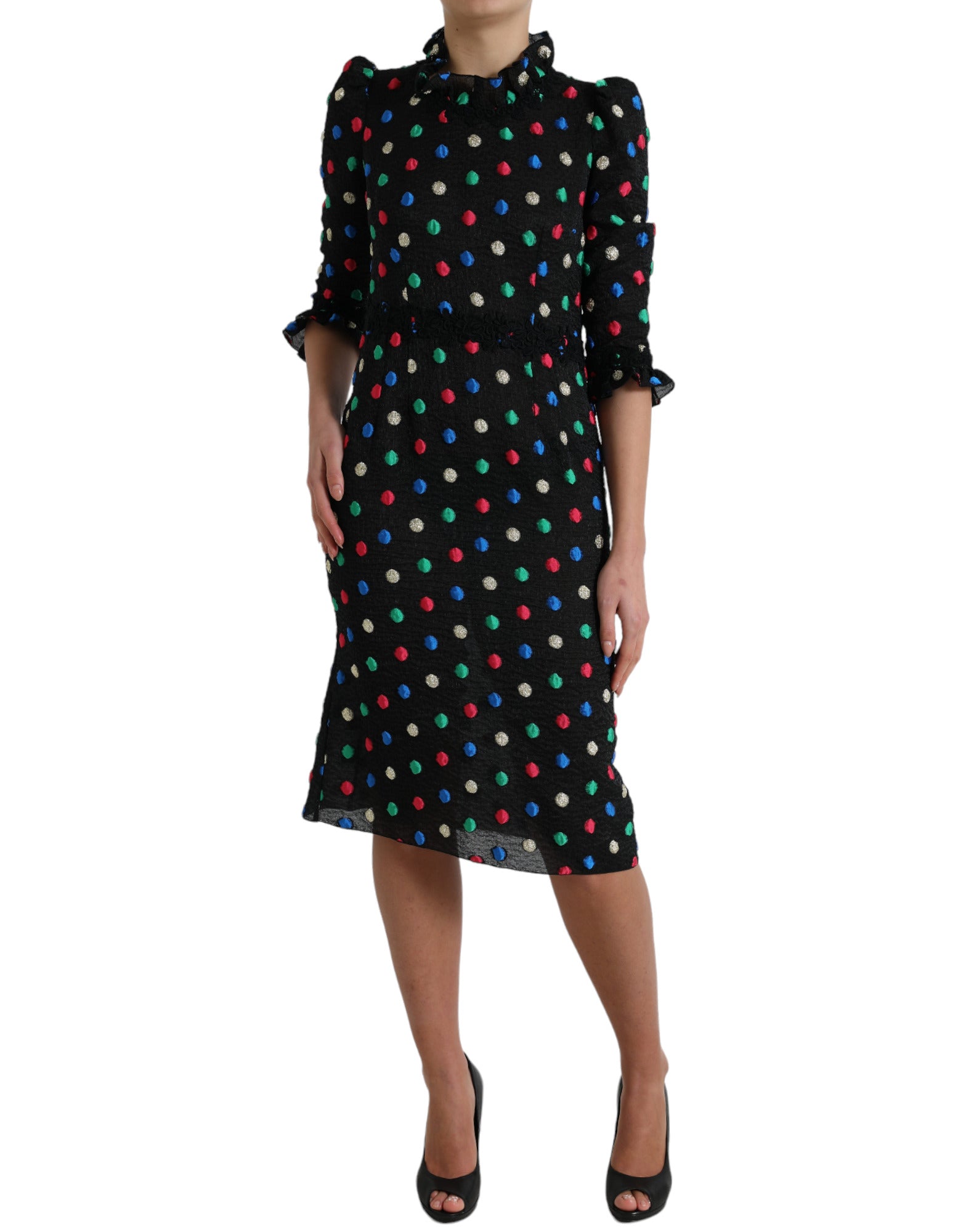 Dolce & Gabbana Black Polka Dot Ruffle Cotton Midi Dress Dolce & Gabbana