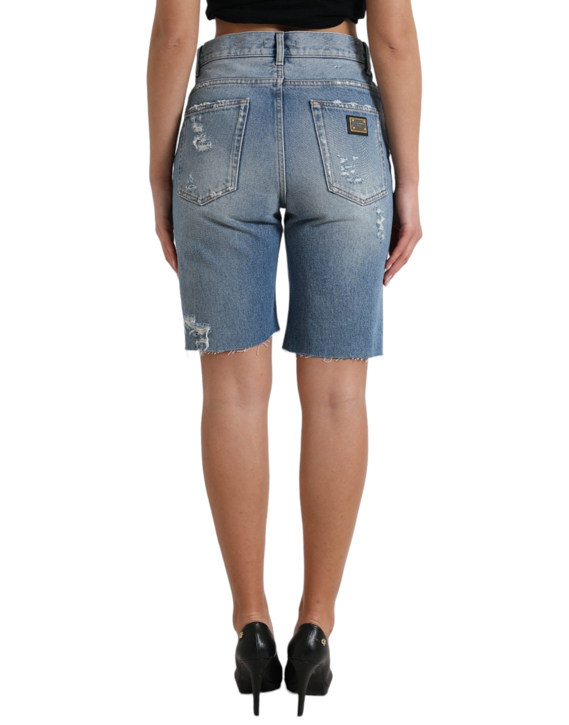 Dolce & Gabbana Blue Tattered Embellished Bermuda Shorts Dolce & Gabbana
