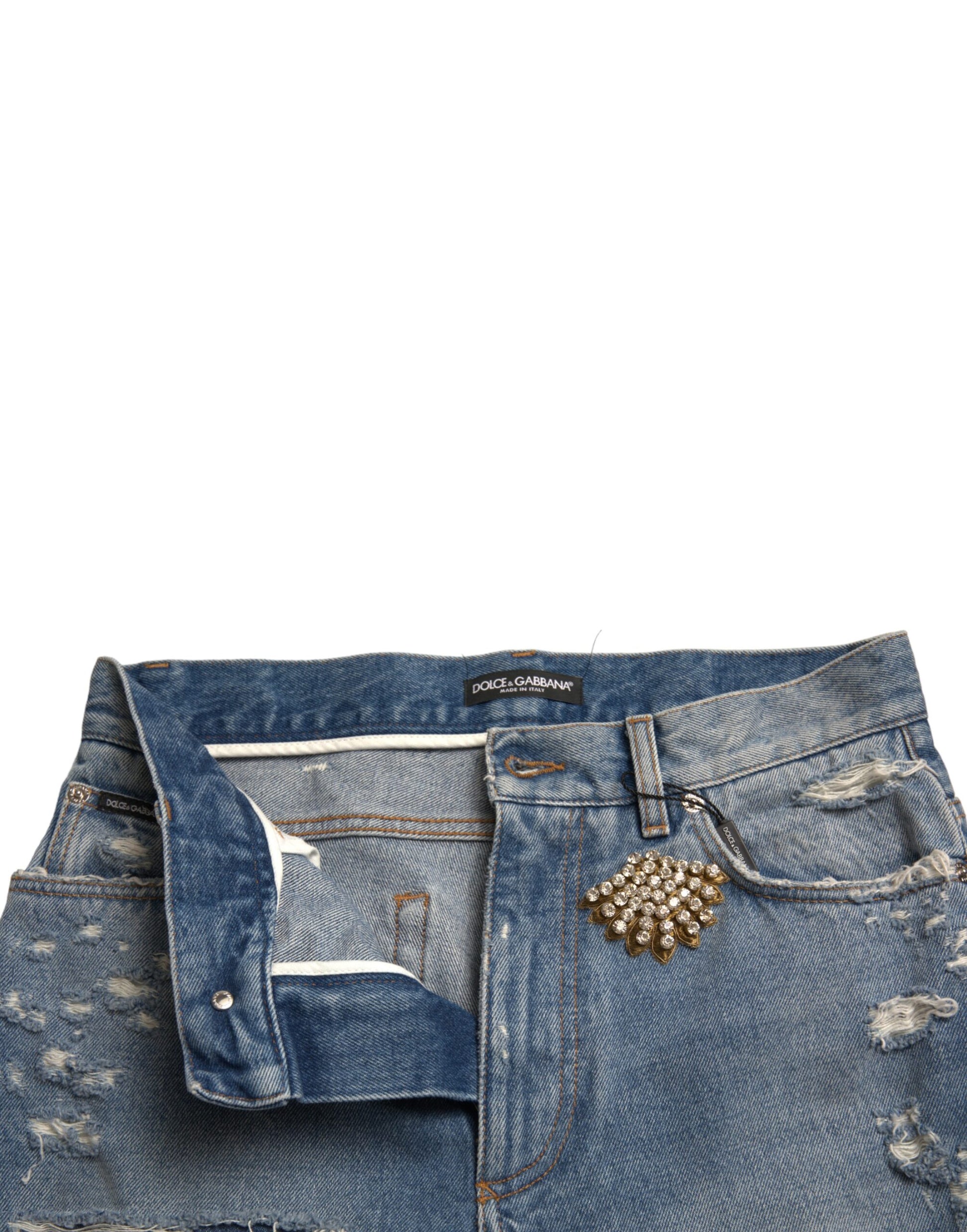 Dolce & Gabbana Blue Tattered Embellished Bermuda Shorts Dolce & Gabbana