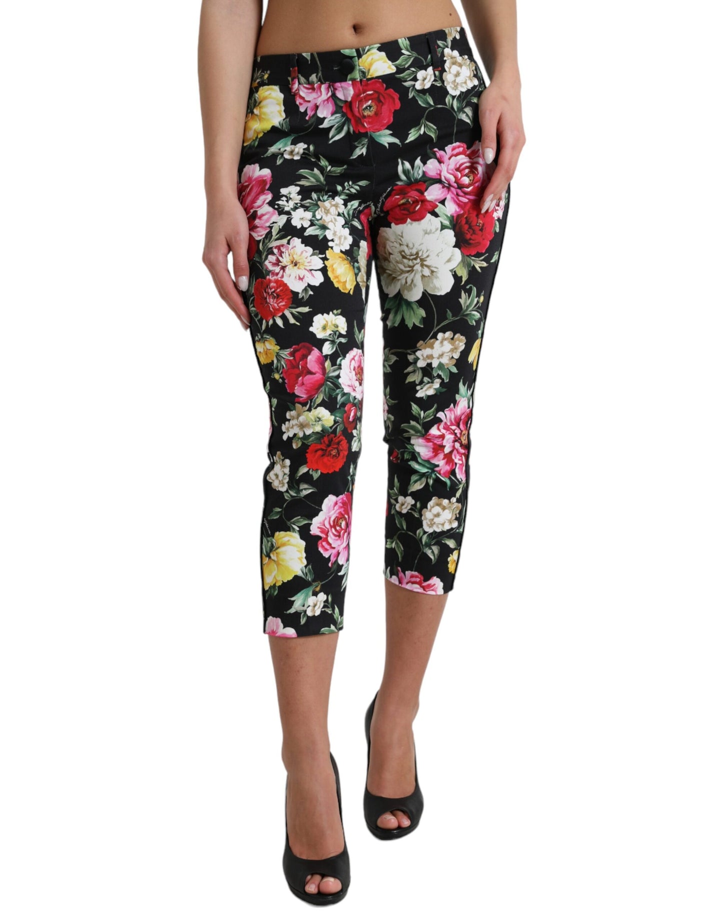 Dolce & Gabbana Black Floral Print Mid Waist Cropped Pants Dolce & Gabbana