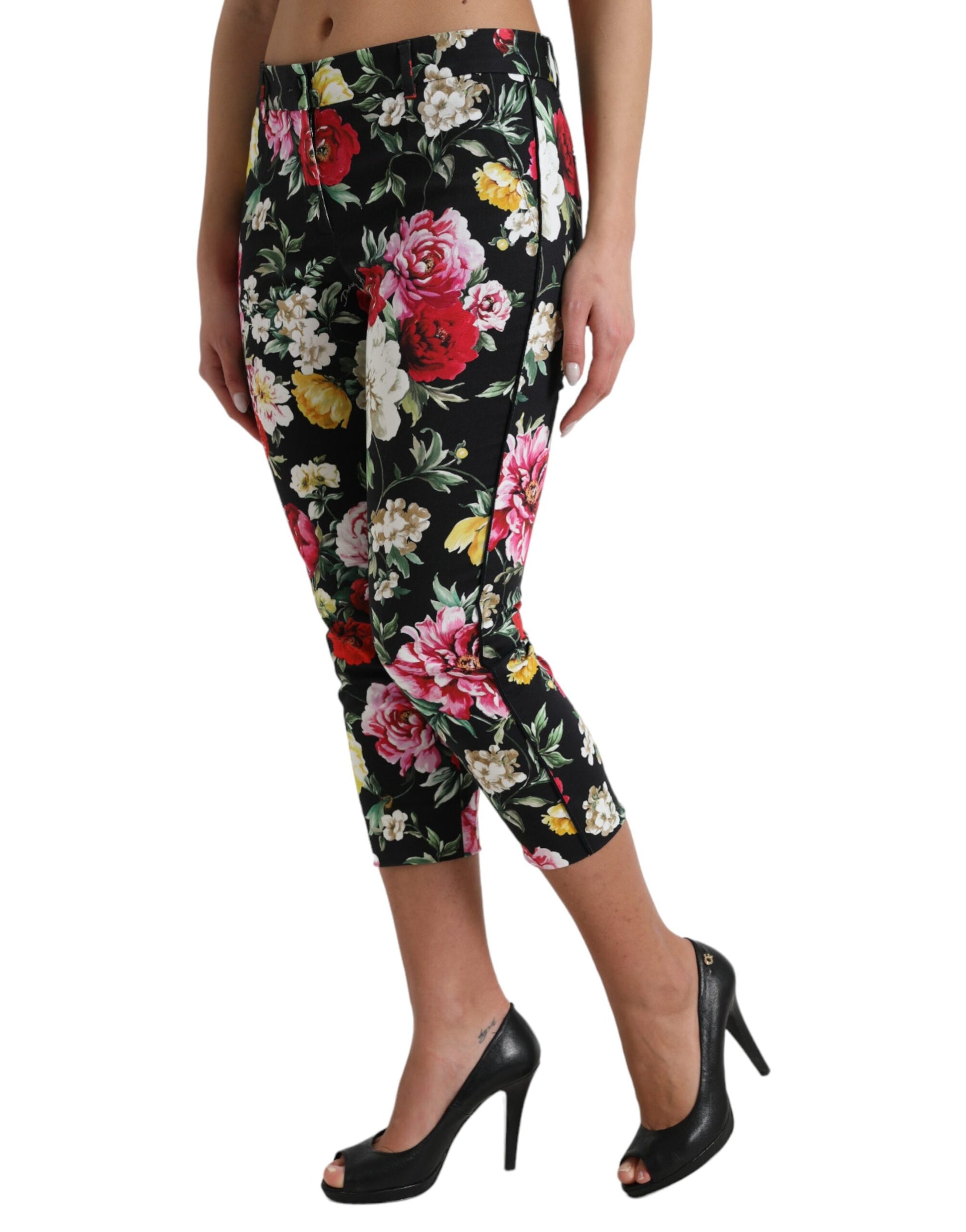 Dolce & Gabbana Black Floral Print Mid Waist Cropped Pants Dolce & Gabbana