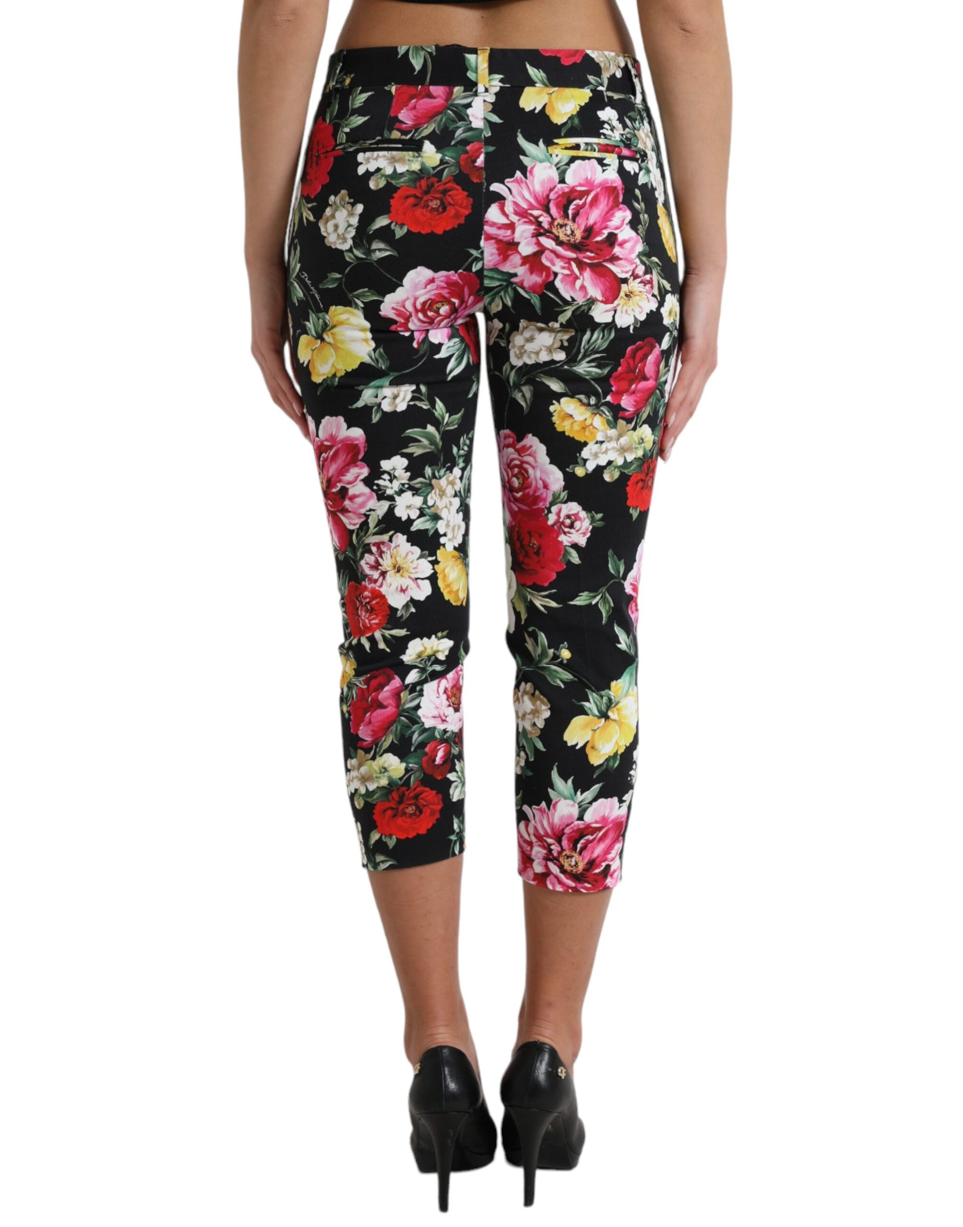 Dolce & Gabbana Black Floral Print Mid Waist Cropped Pants Dolce & Gabbana