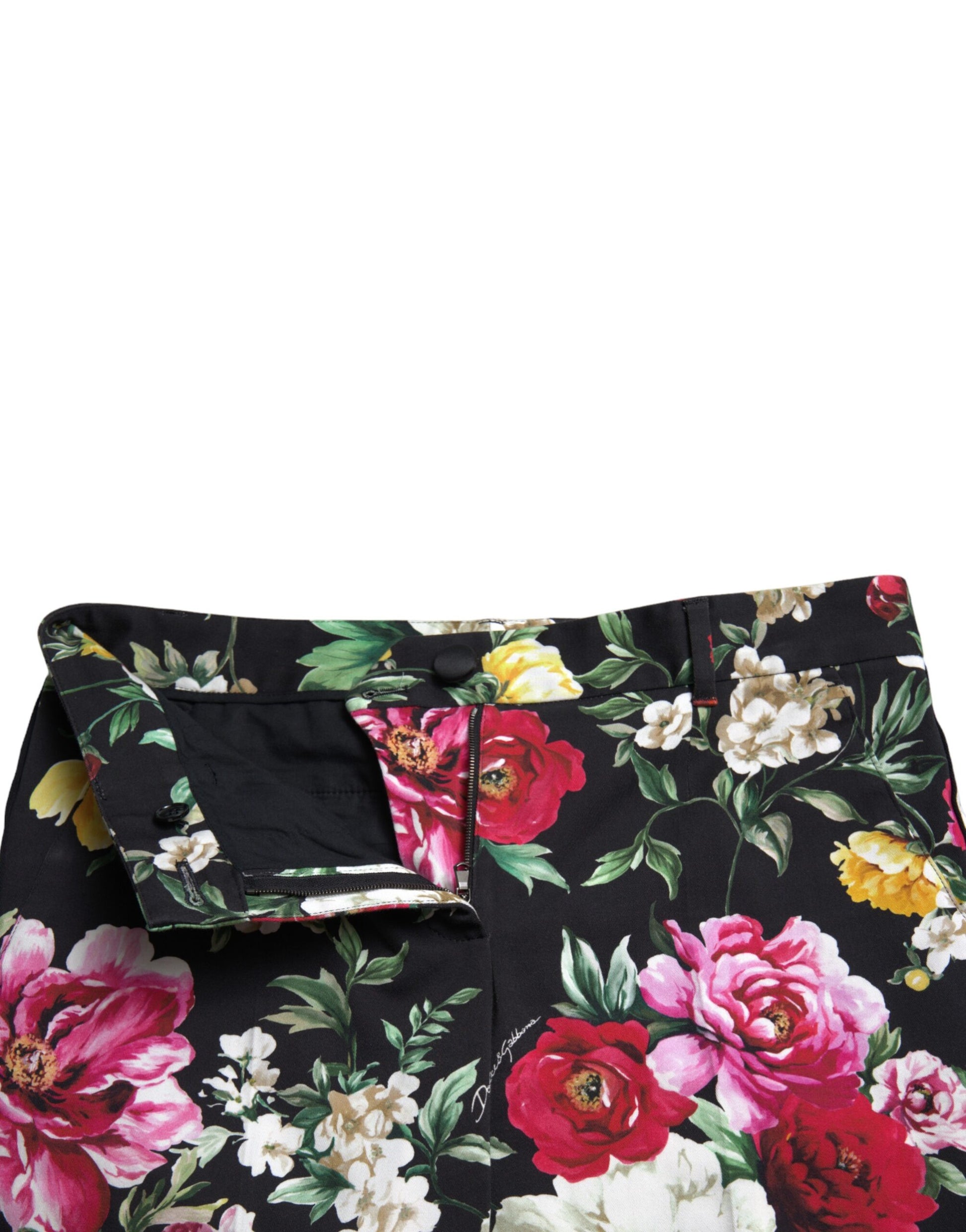 Dolce & Gabbana Black Floral Print Mid Waist Cropped Pants Dolce & Gabbana