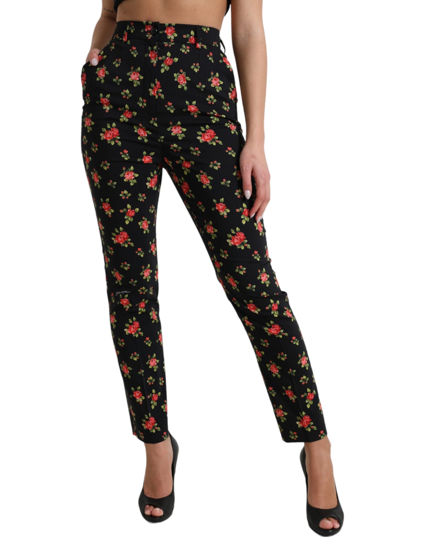 Dolce & Gabbana Black Floral Wool High Waist Tapered Pants Dolce & Gabbana