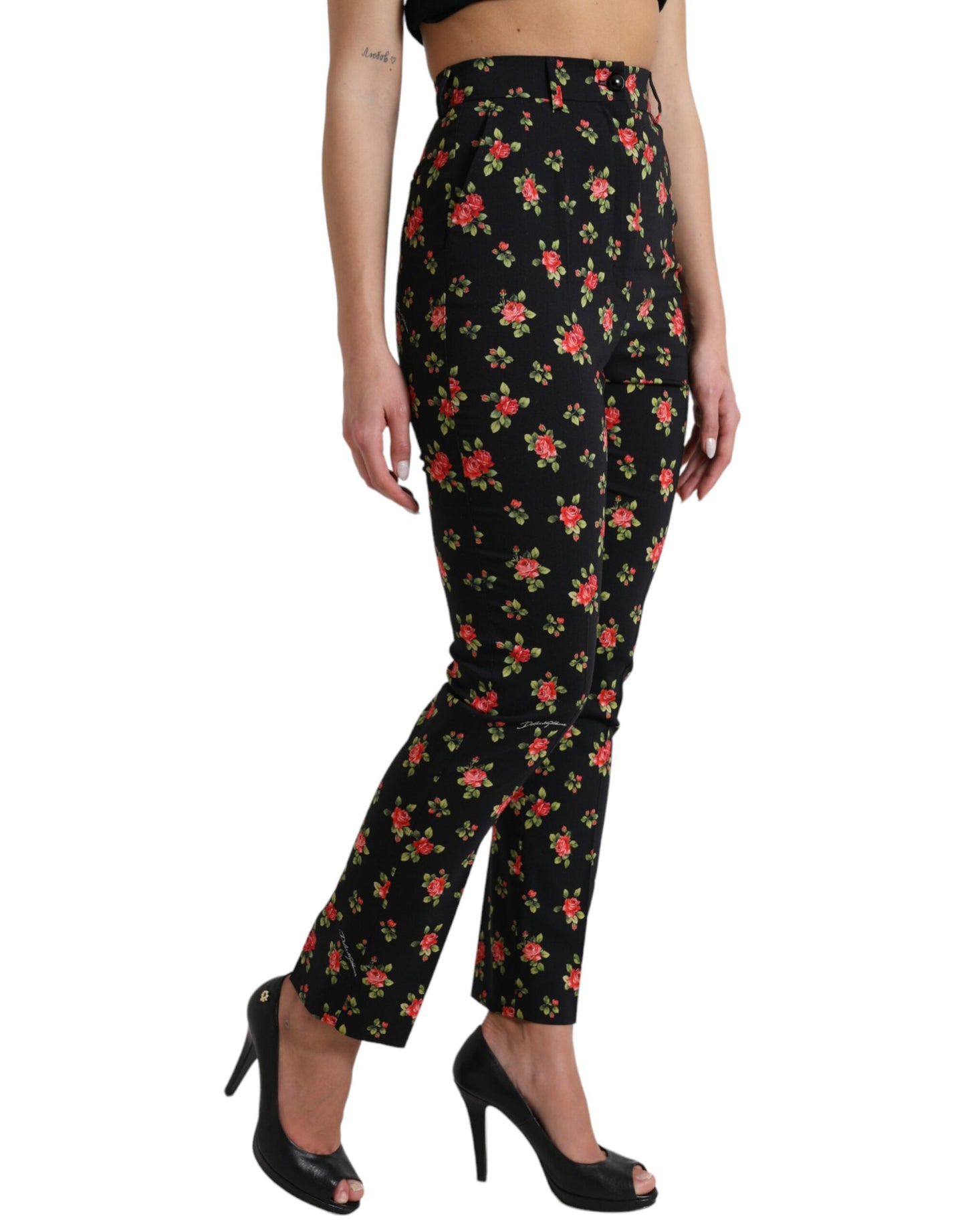 Dolce & Gabbana Black Floral Wool High Waist Tapered Pants Dolce & Gabbana