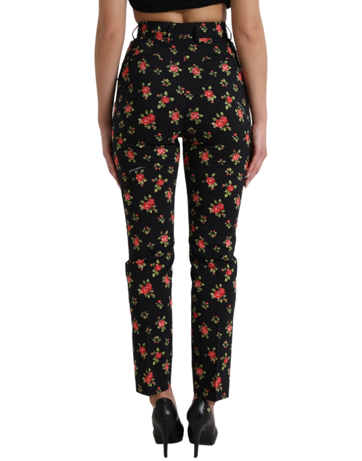 Dolce & Gabbana Black Floral Wool High Waist Tapered Pants Dolce & Gabbana