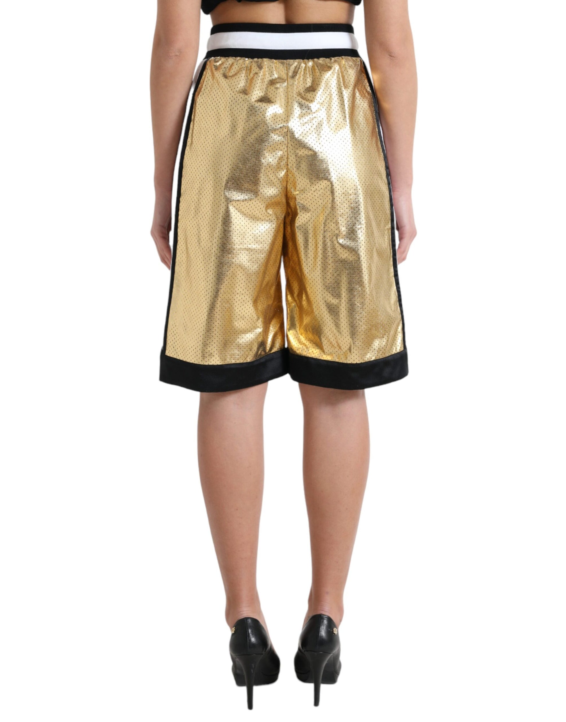 Dolce & Gabbana Gold Polyester Perforated High Waist Shorts Dolce & Gabbana