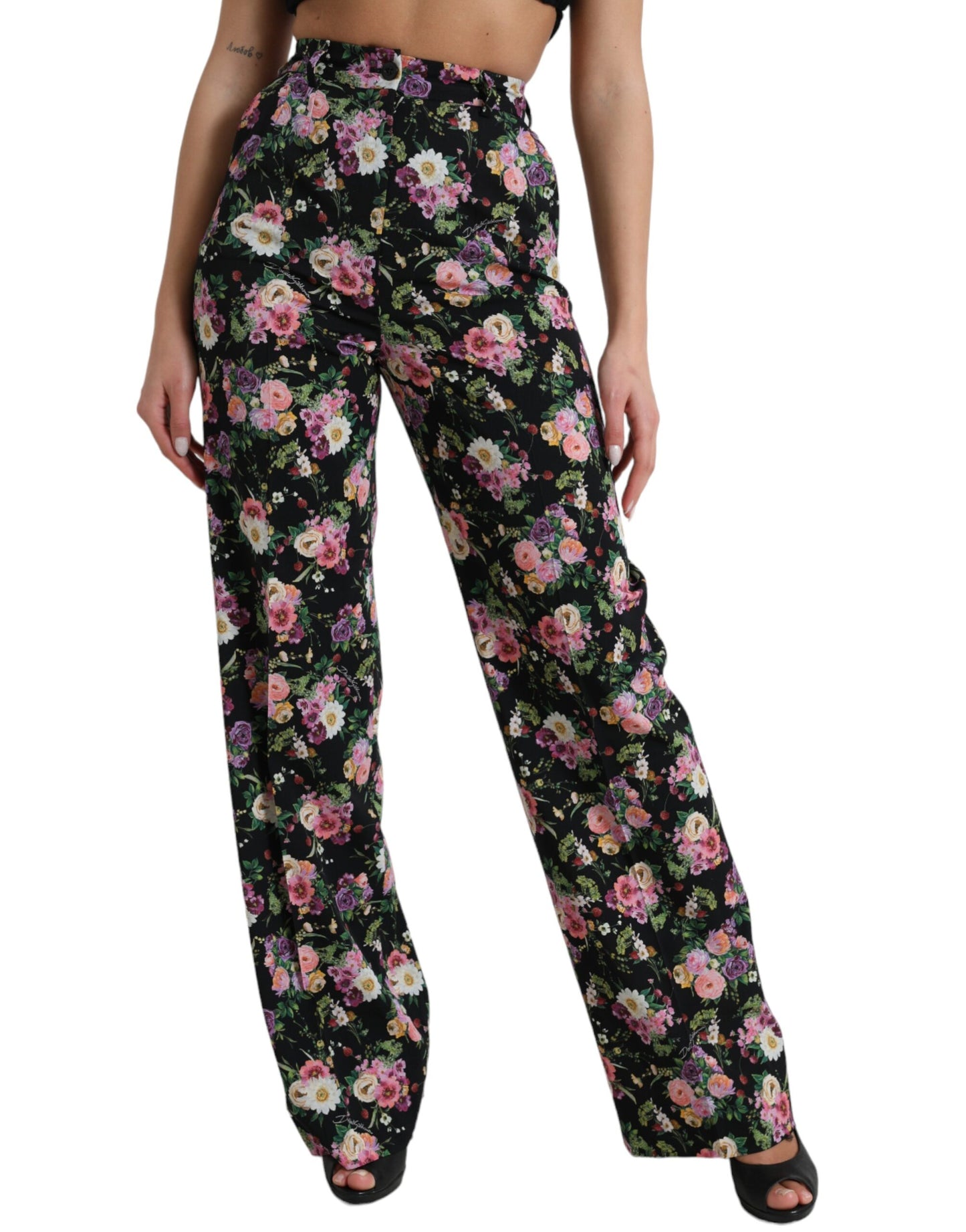 Dolce & Gabbana Black Floral Wool High Waist Wide Leg Pants Dolce & Gabbana
