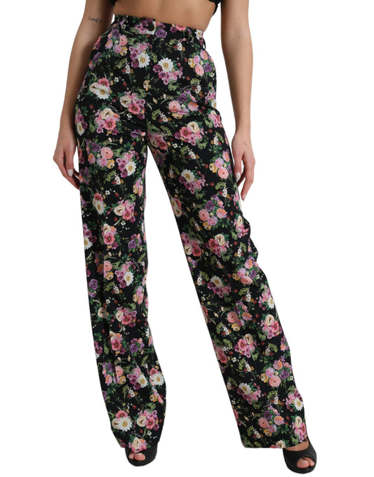 Dolce & Gabbana Black Floral Wool High Waist Wide Leg Pants Dolce & Gabbana