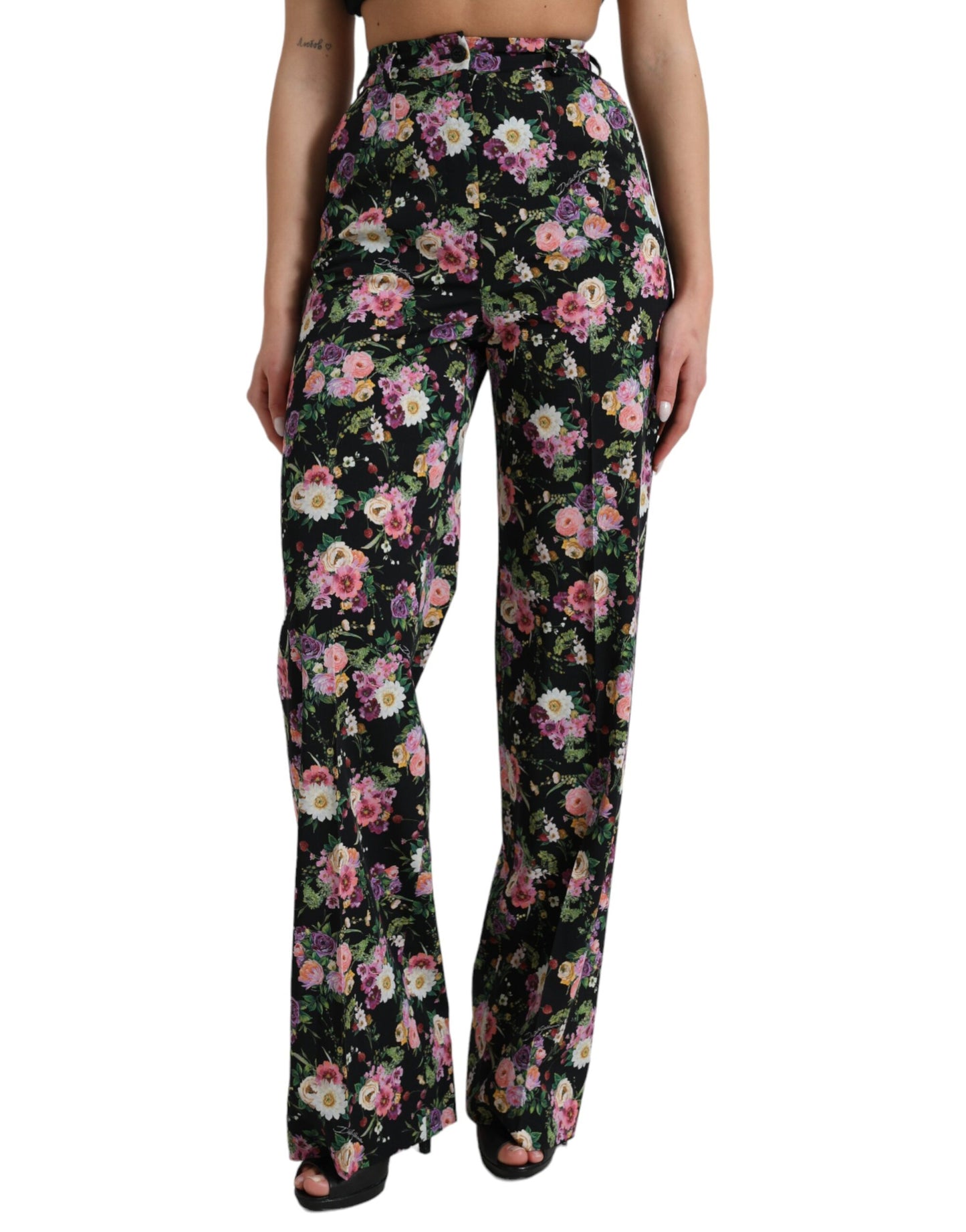 Dolce & Gabbana Black Floral Wool High Waist Wide Leg Pants Dolce & Gabbana