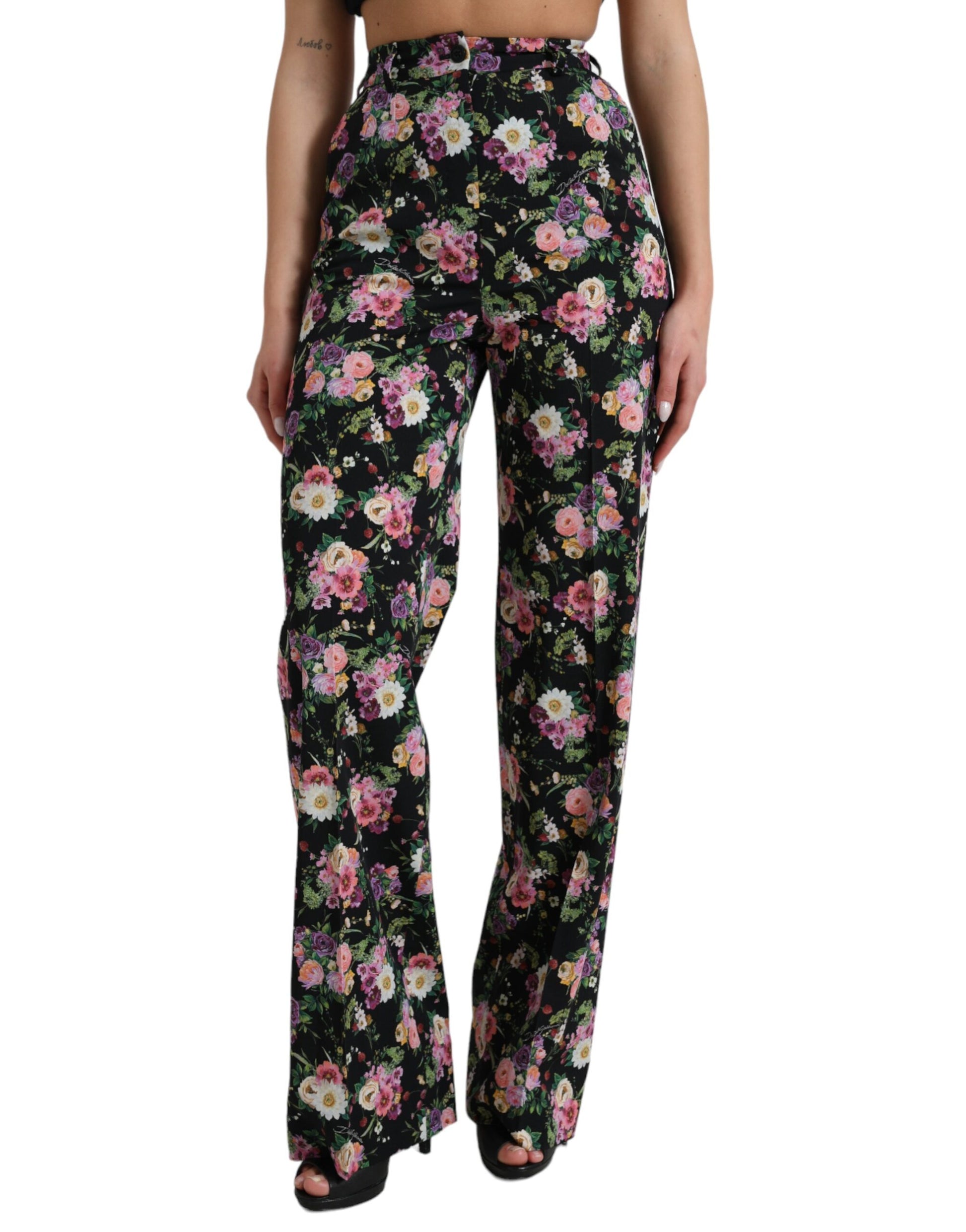 Dolce & Gabbana Black Floral Wool High Waist Wide Leg Pants Dolce & Gabbana
