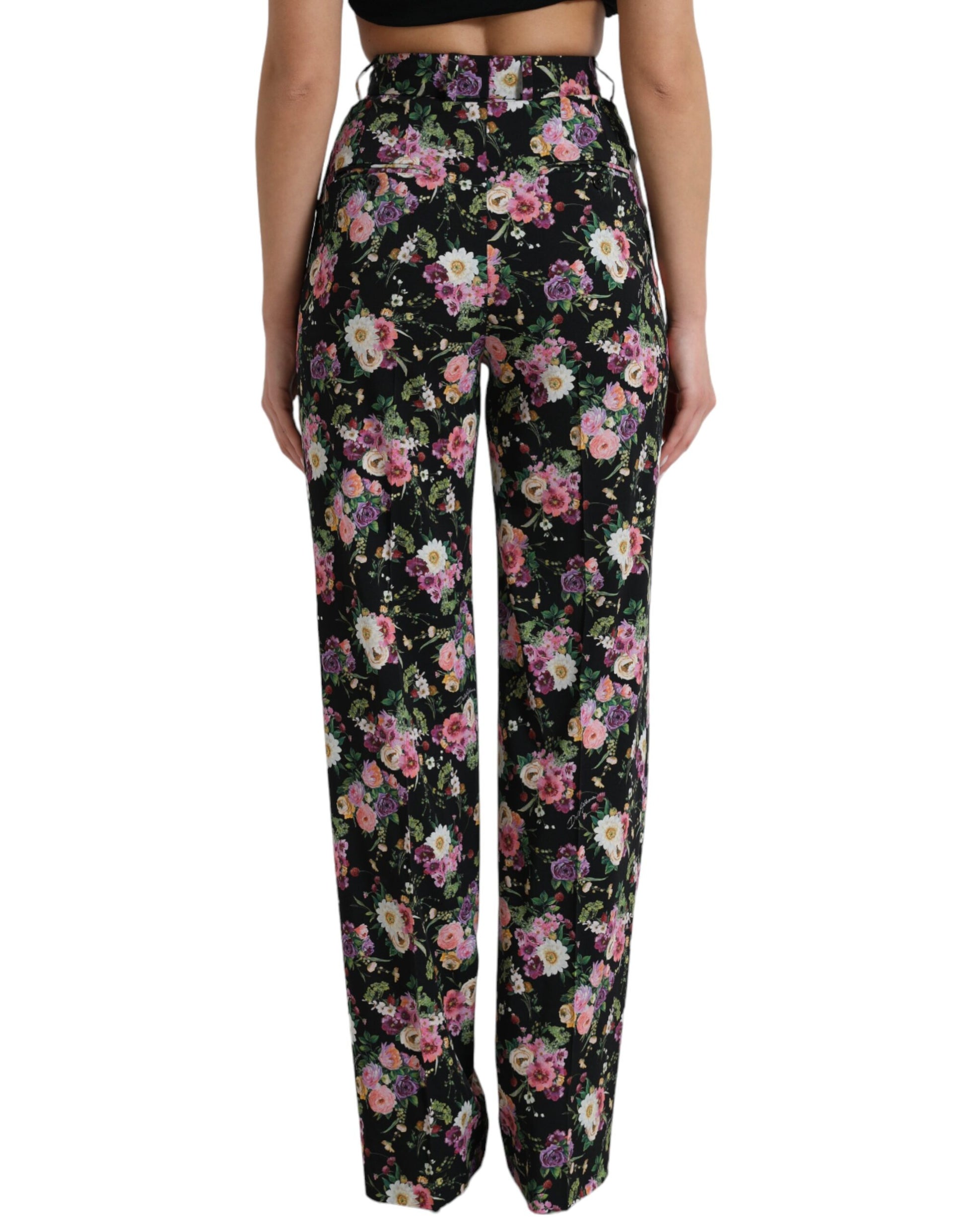 Dolce & Gabbana Black Floral Wool High Waist Wide Leg Pants Dolce & Gabbana