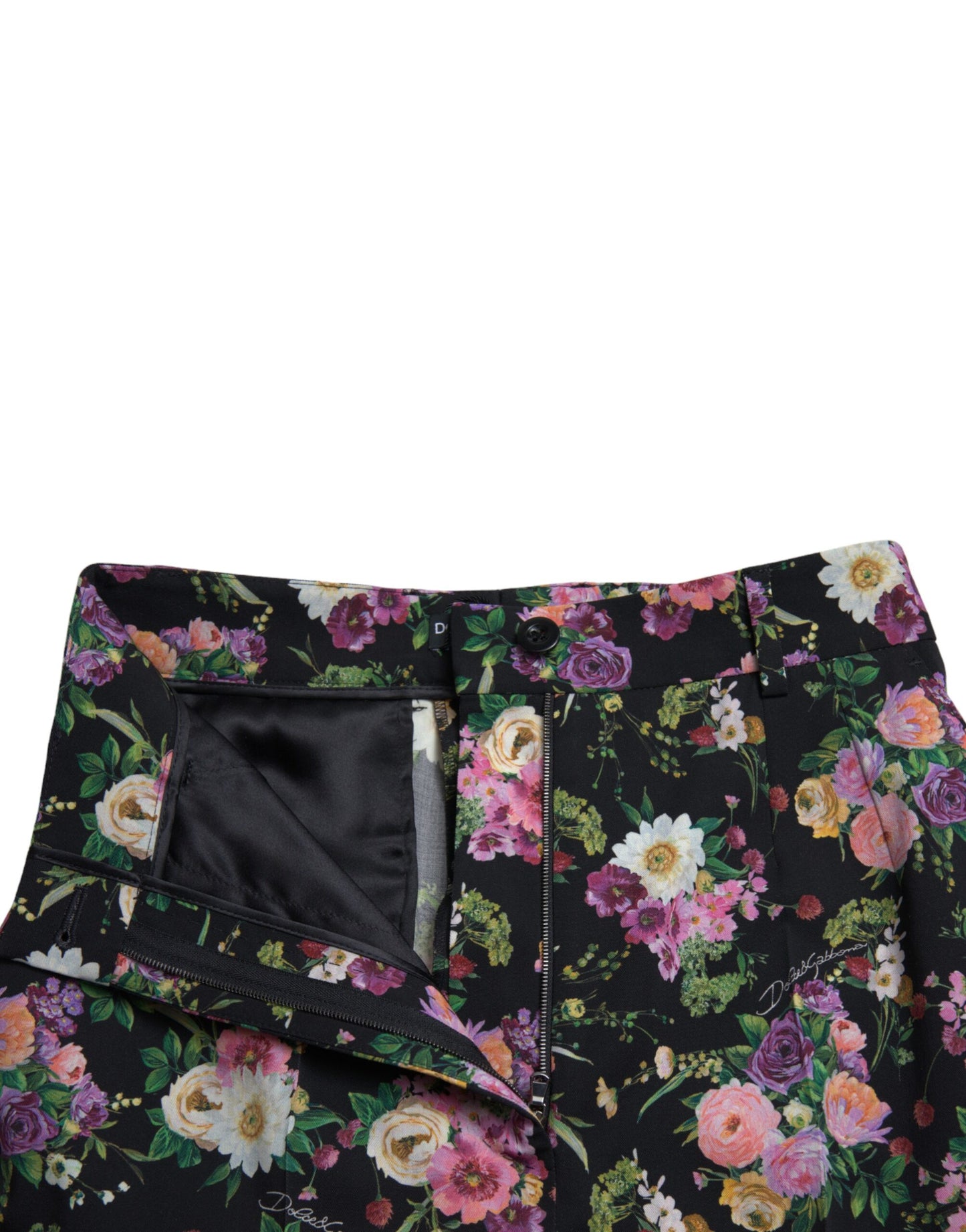 Dolce & Gabbana Black Floral Wool High Waist Wide Leg Pants Dolce & Gabbana