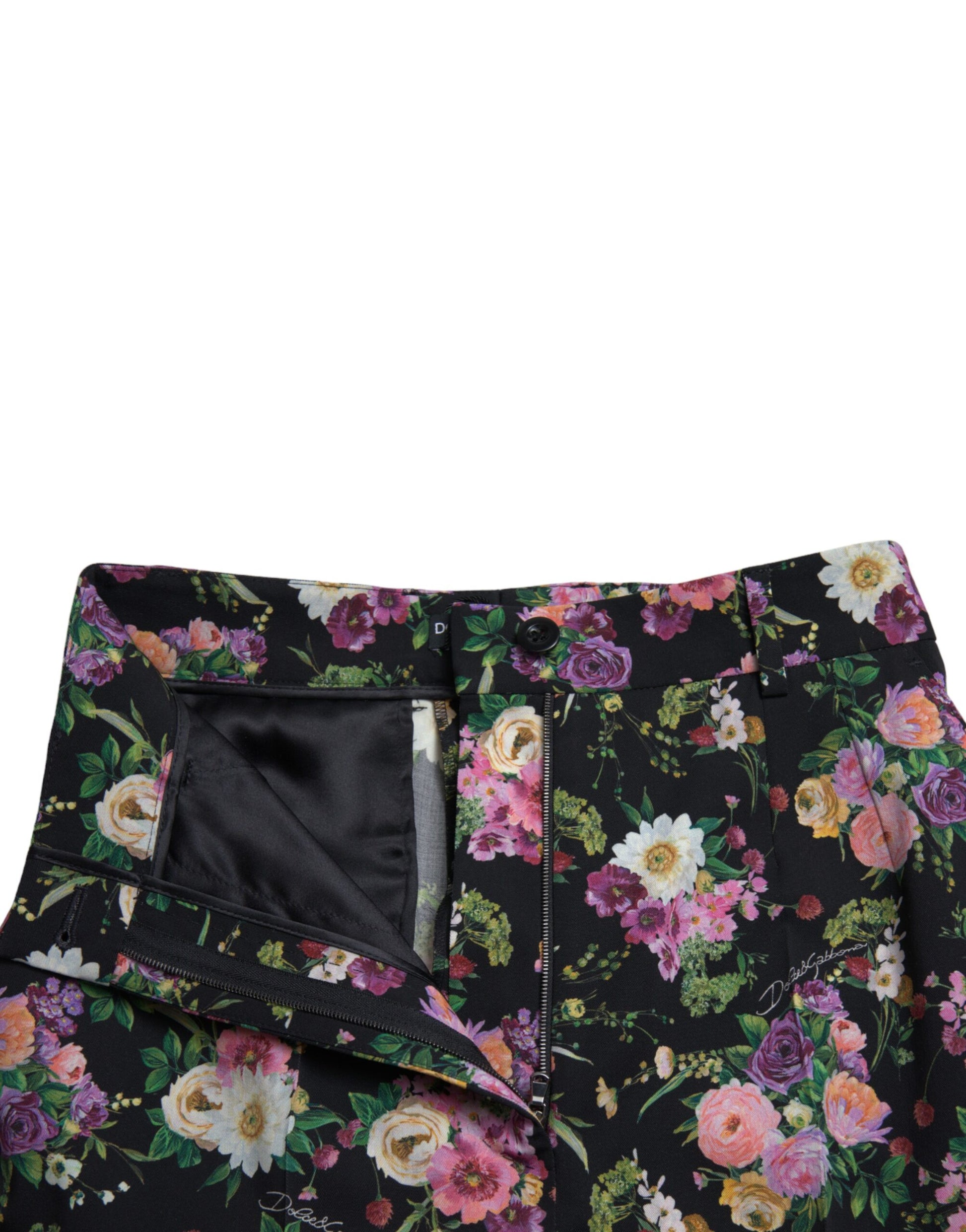 Dolce & Gabbana Black Floral Wool High Waist Wide Leg Pants Dolce & Gabbana