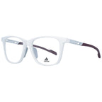 Adidas white plastic eyeglass frames with clear lenses, lightweight design, and sleek modern style.