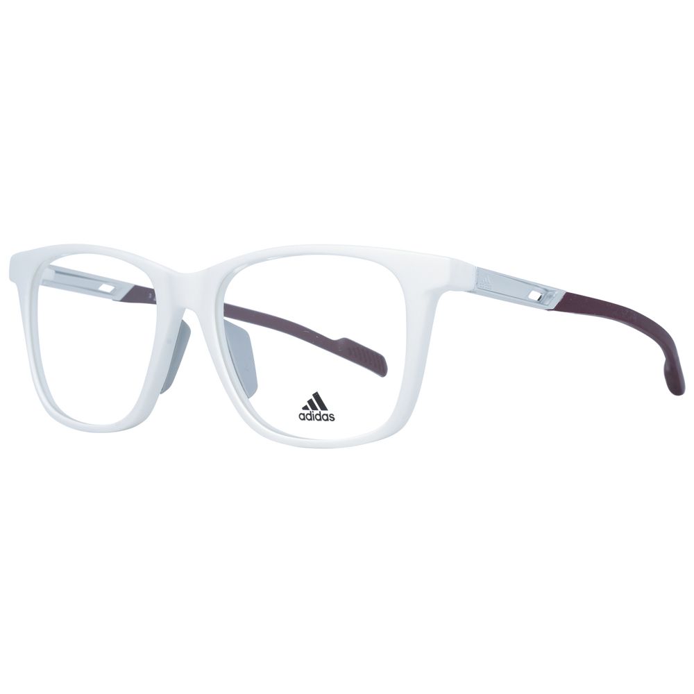 Adidas white plastic eyeglass frames with clear lenses, lightweight design, and sleek modern style.
