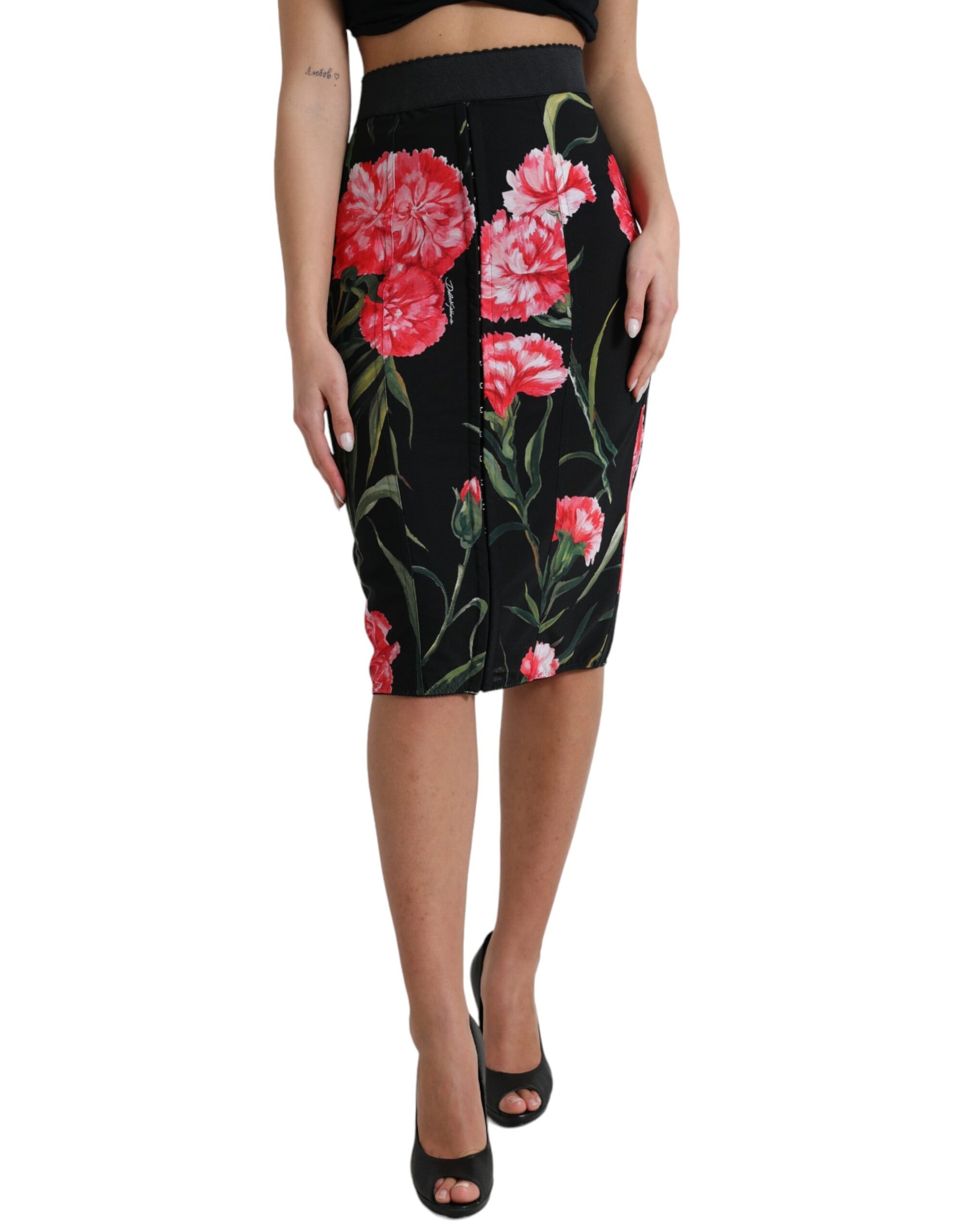 Dolce & Gabbana Black Carnation Pencil Cut Knee Length Skirt Dolce & Gabbana