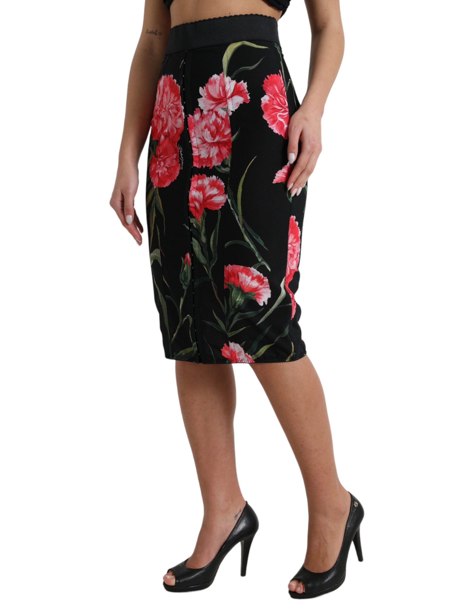 Dolce & Gabbana Black Carnation Pencil Cut Knee Length Skirt Dolce & Gabbana