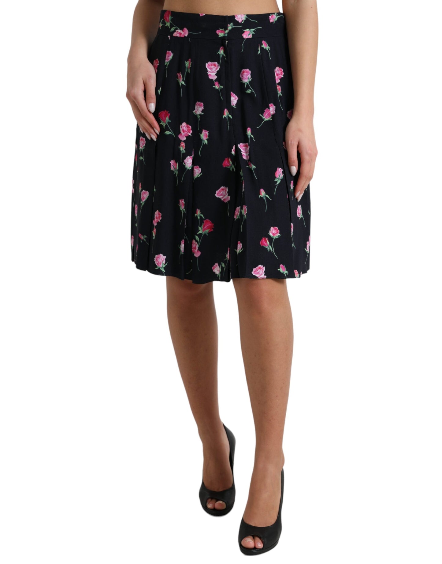 Dolce & Gabbana Black Rose High Waist A-line Knee Length Skirt Dolce & Gabbana