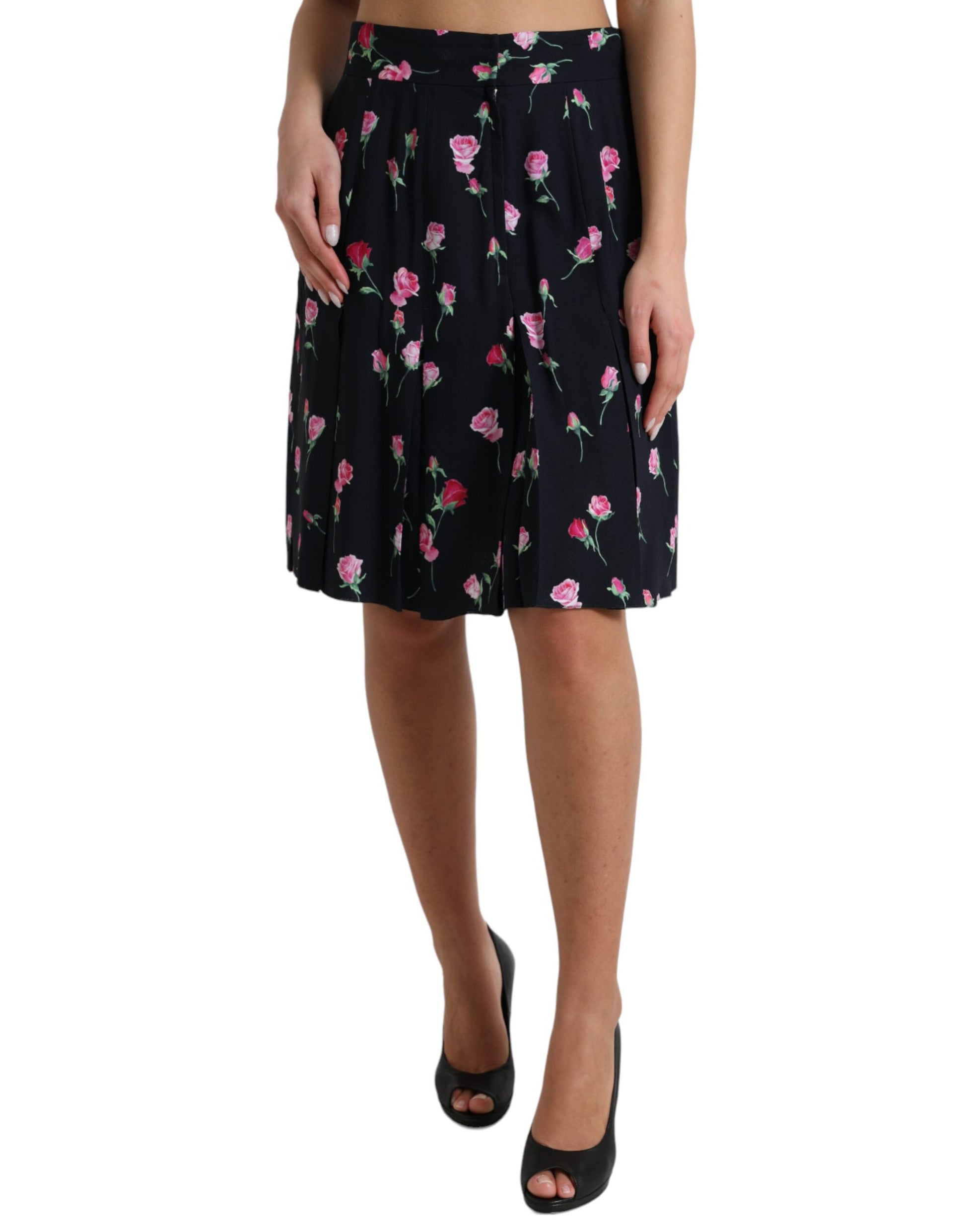 Dolce & Gabbana Black Rose High Waist A-line Knee Length Skirt Dolce & Gabbana
