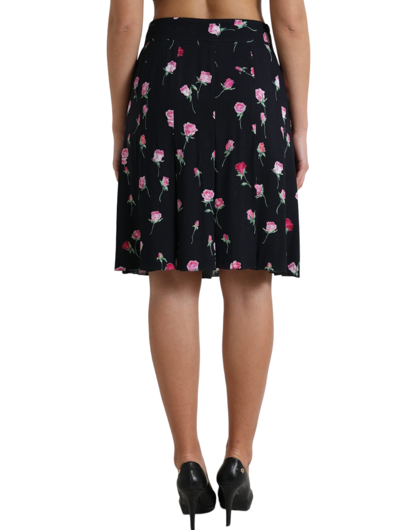 Dolce & Gabbana Black Rose High Waist A-line Knee Length Skirt Dolce & Gabbana