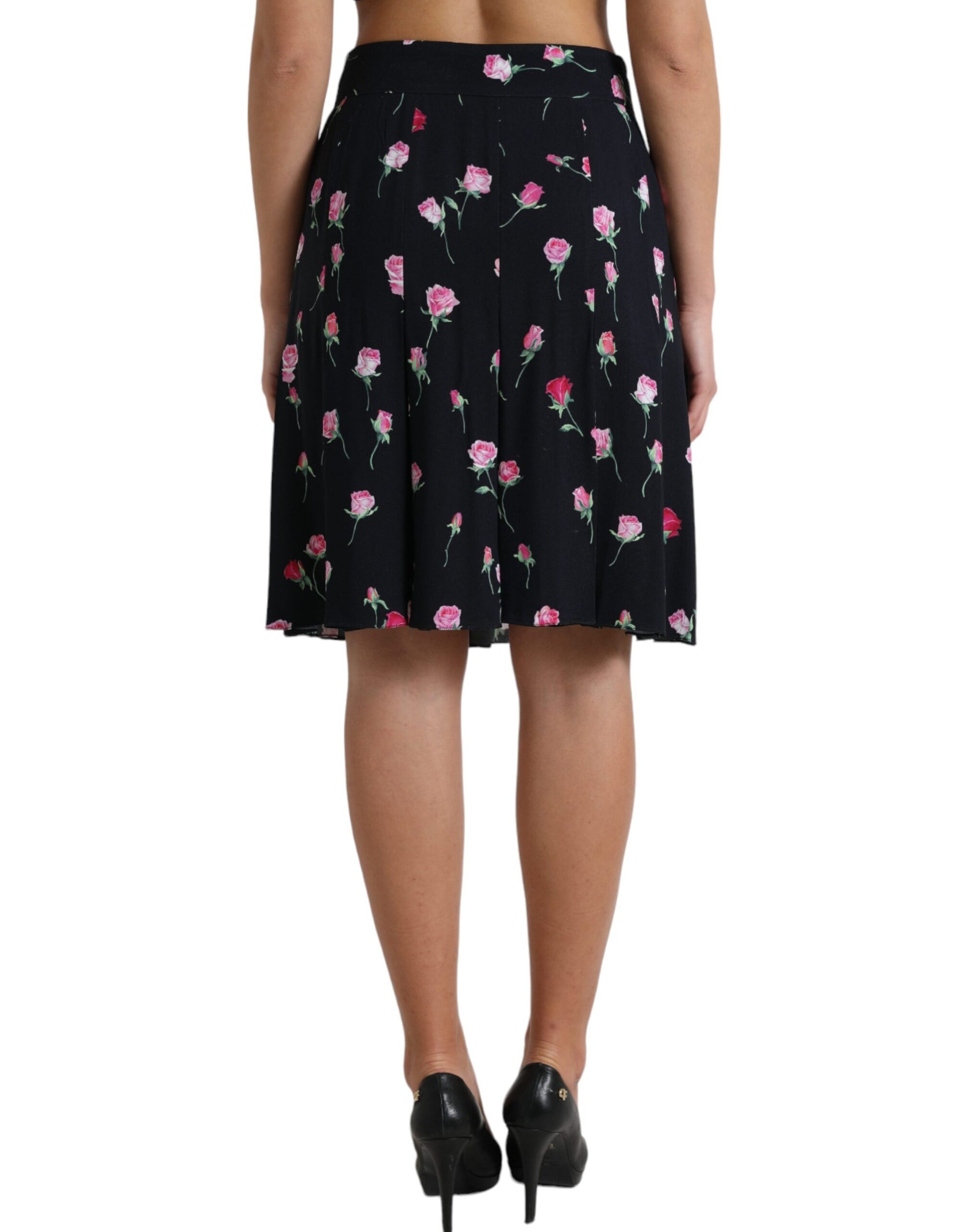 Dolce & Gabbana Black Rose High Waist A-line Knee Length Skirt Dolce & Gabbana