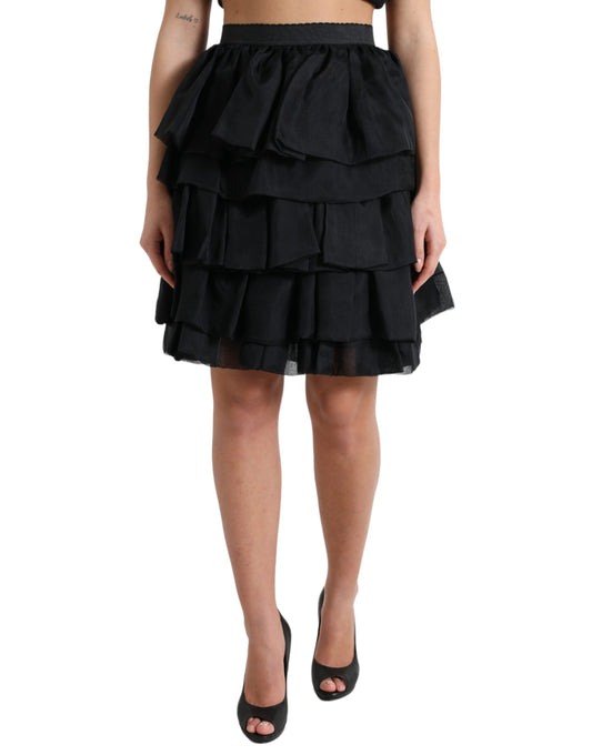Dolce & Gabbana Black Tiered Aline High Waist Silk Mini Skirt Dolce & Gabbana