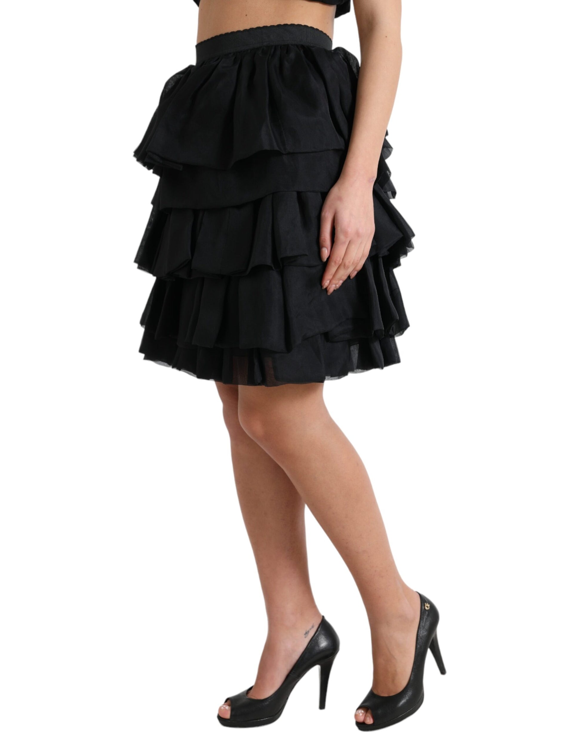 Dolce & Gabbana Black Tiered Aline High Waist Silk Mini Skirt Dolce & Gabbana