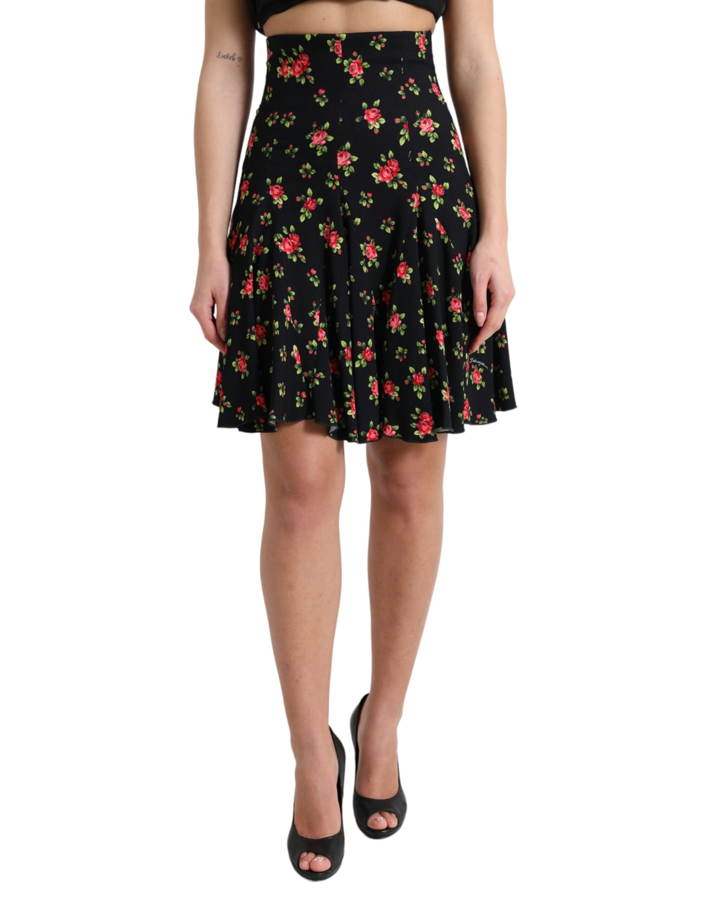 Dolce & Gabbana Black Rose Print High Waist A-line Mini Skirt Dolce & Gabbana