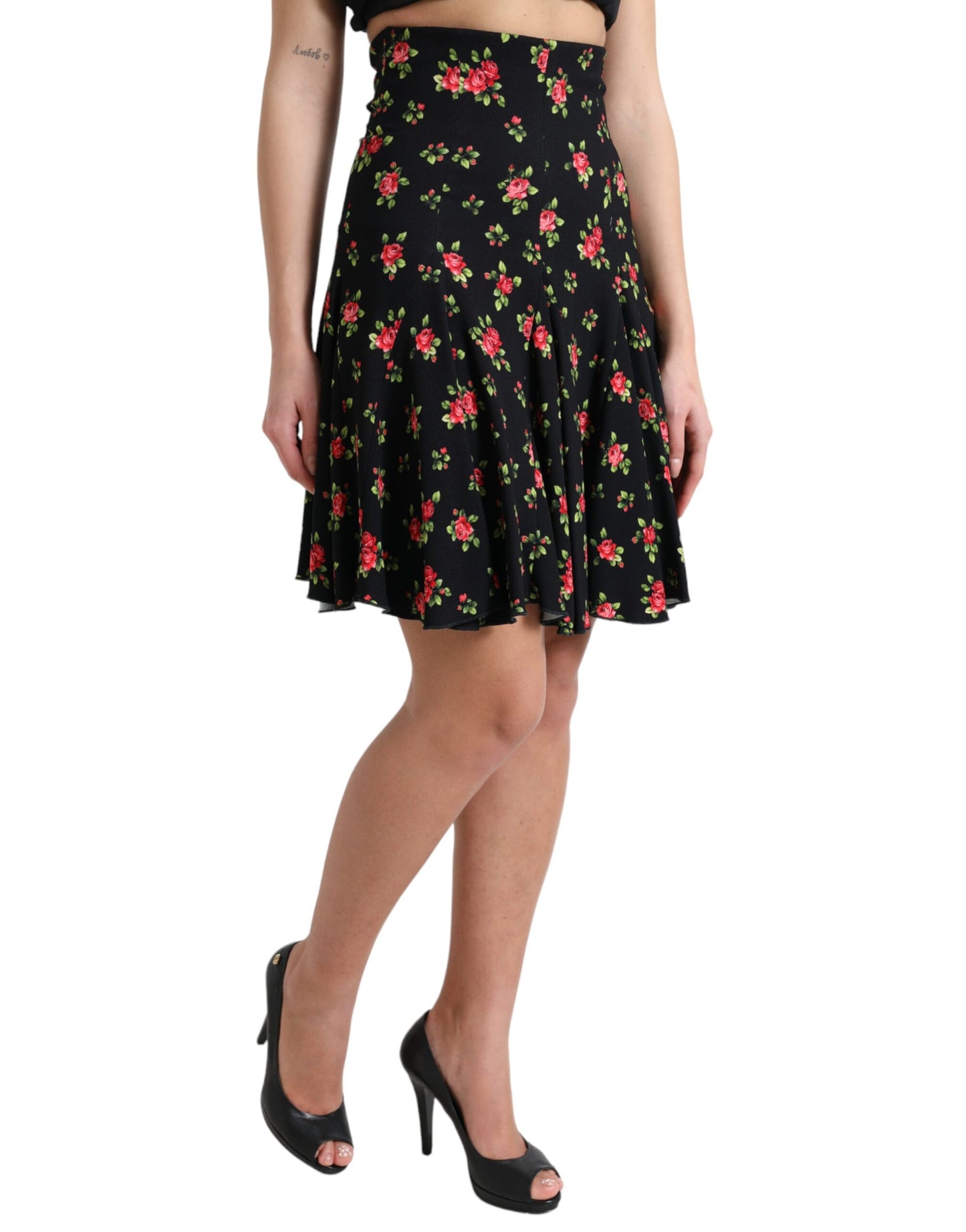 Dolce & Gabbana Black Rose Print High Waist A-line Mini Skirt Dolce & Gabbana