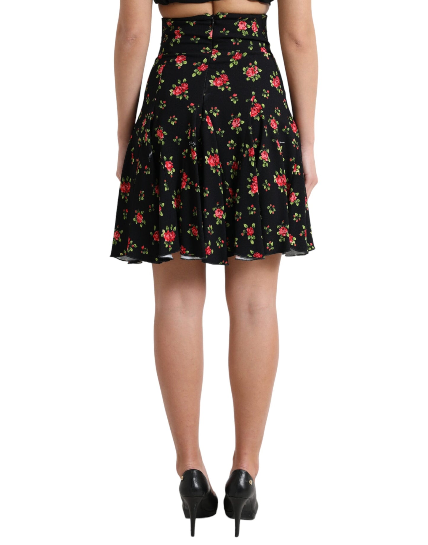 Dolce & Gabbana Black Rose Print High Waist A-line Mini Skirt Dolce & Gabbana