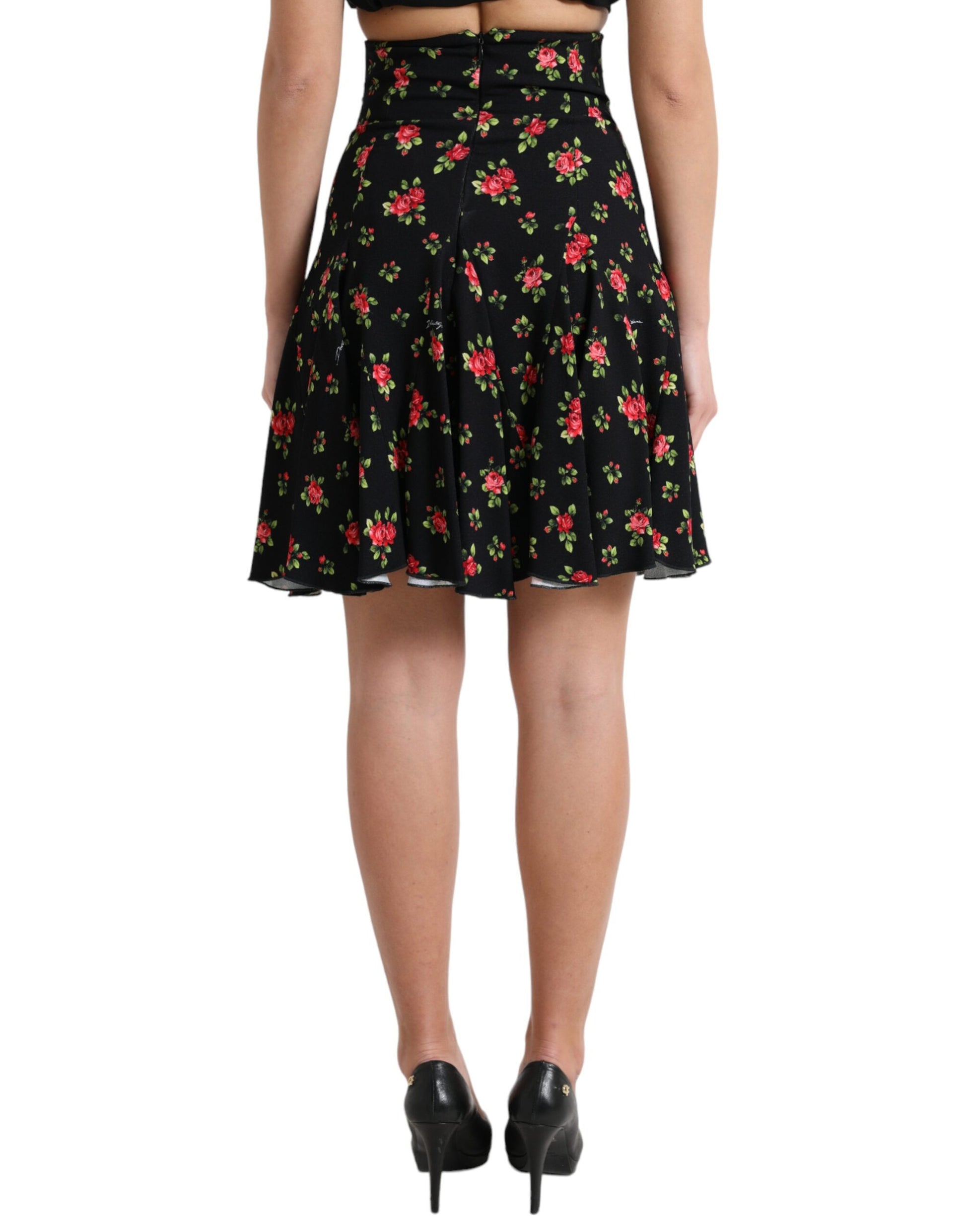 Dolce & Gabbana Black Rose Print High Waist A-line Mini Skirt Dolce & Gabbana