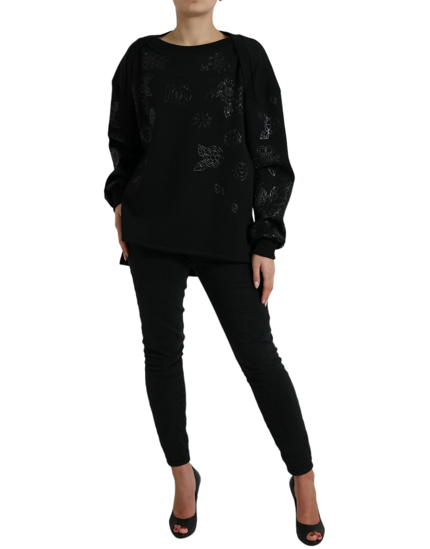 Dolce & Gabbana Black Pullover Floral Logo Applique Sweater Dolce & Gabbana