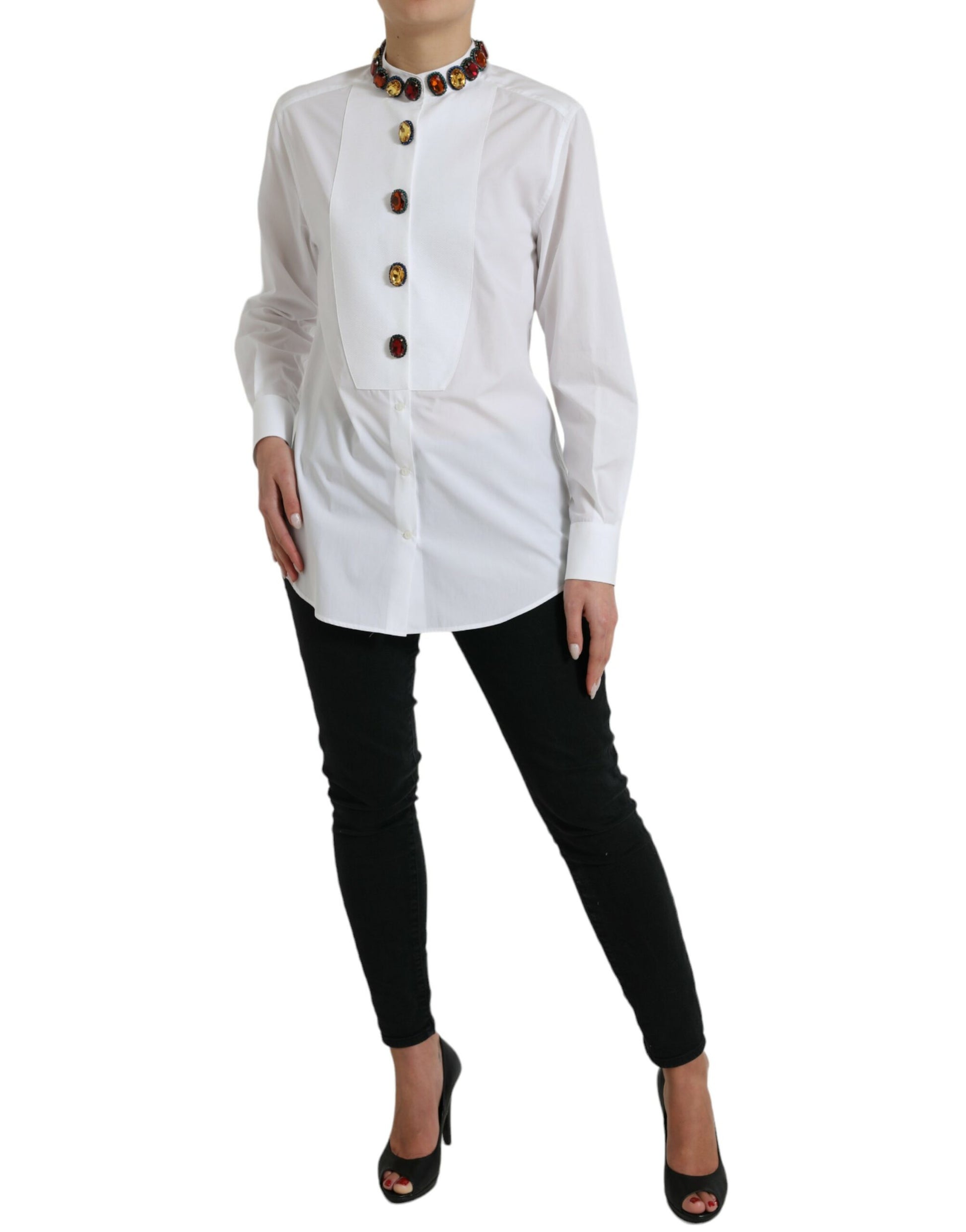 Dolce & Gabbana White Cotton Crystals Embellished Shirt Top Dolce & Gabbana