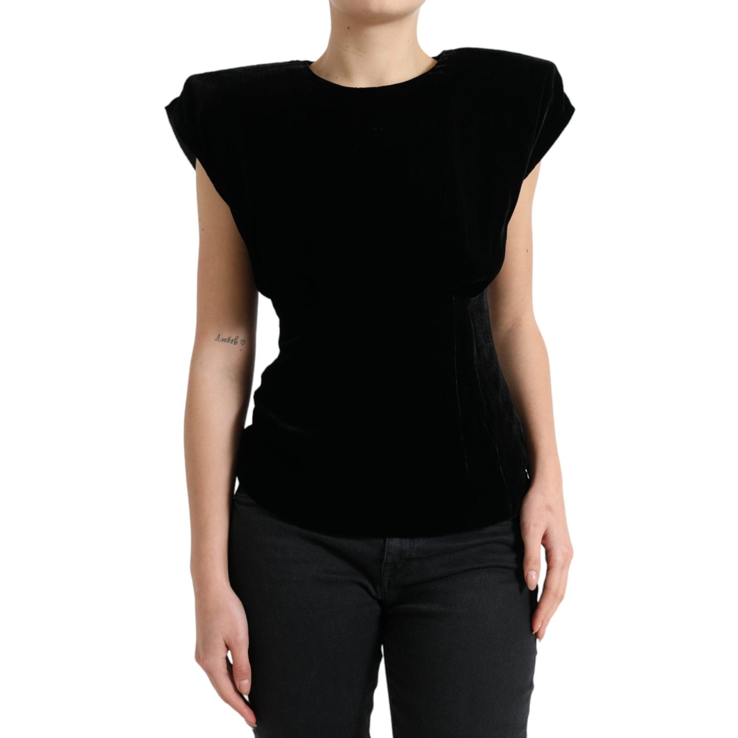 Dolce & Gabbana Black Velvet Fitted Padded Shoulder Blouse Top Dolce & Gabbana