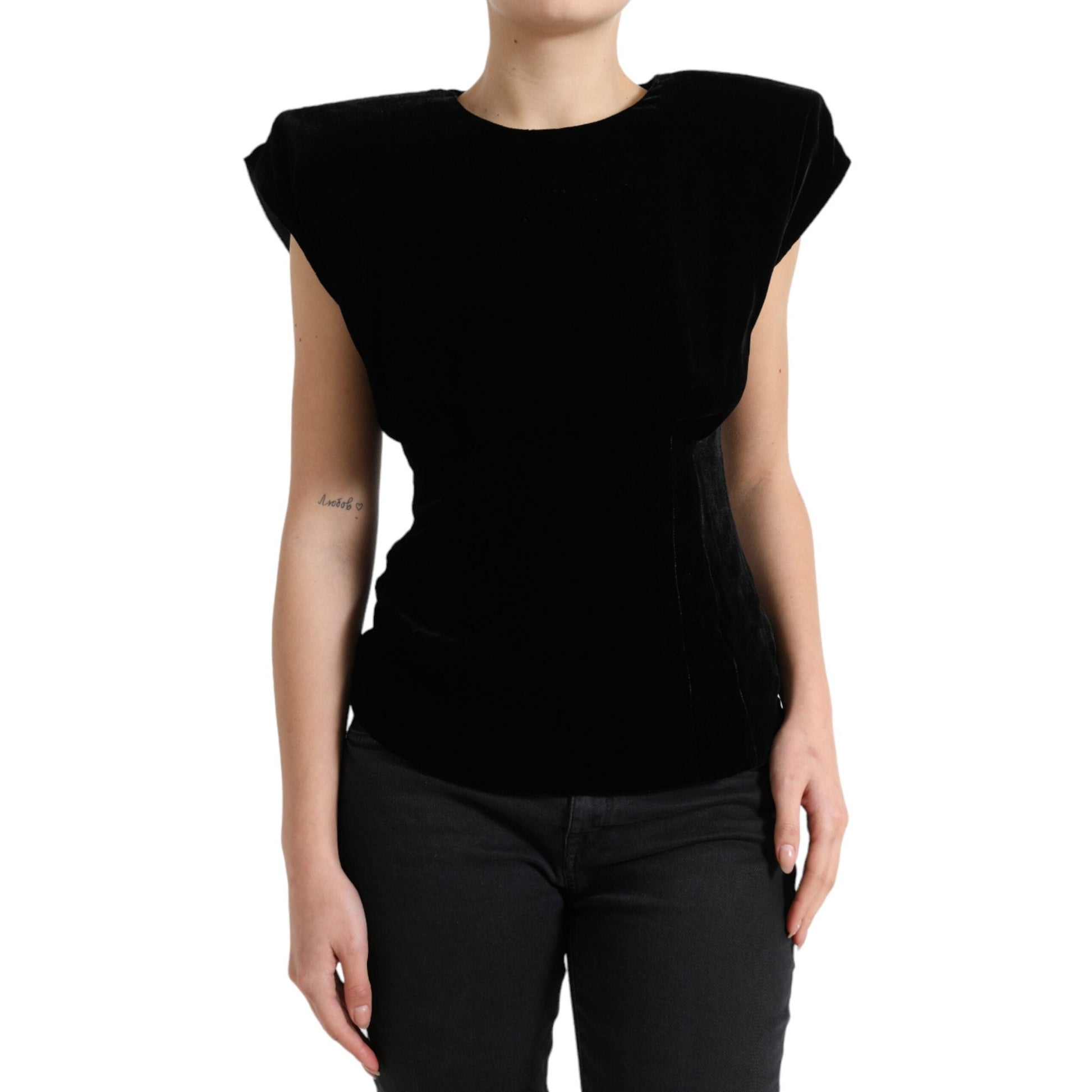 Dolce & Gabbana Black Velvet Fitted Padded Shoulder Blouse Top Dolce & Gabbana