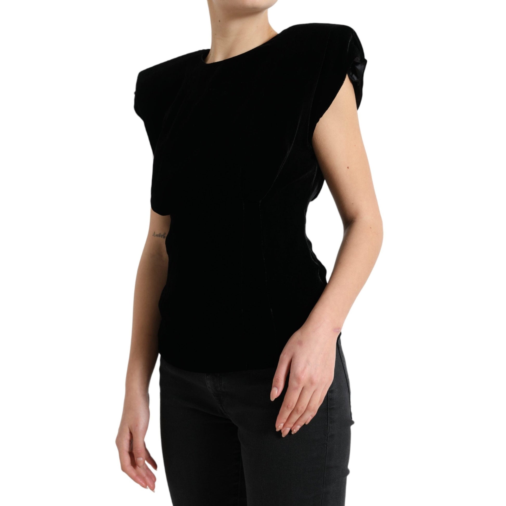 Dolce & Gabbana Black Velvet Fitted Padded Shoulder Blouse Top Dolce & Gabbana