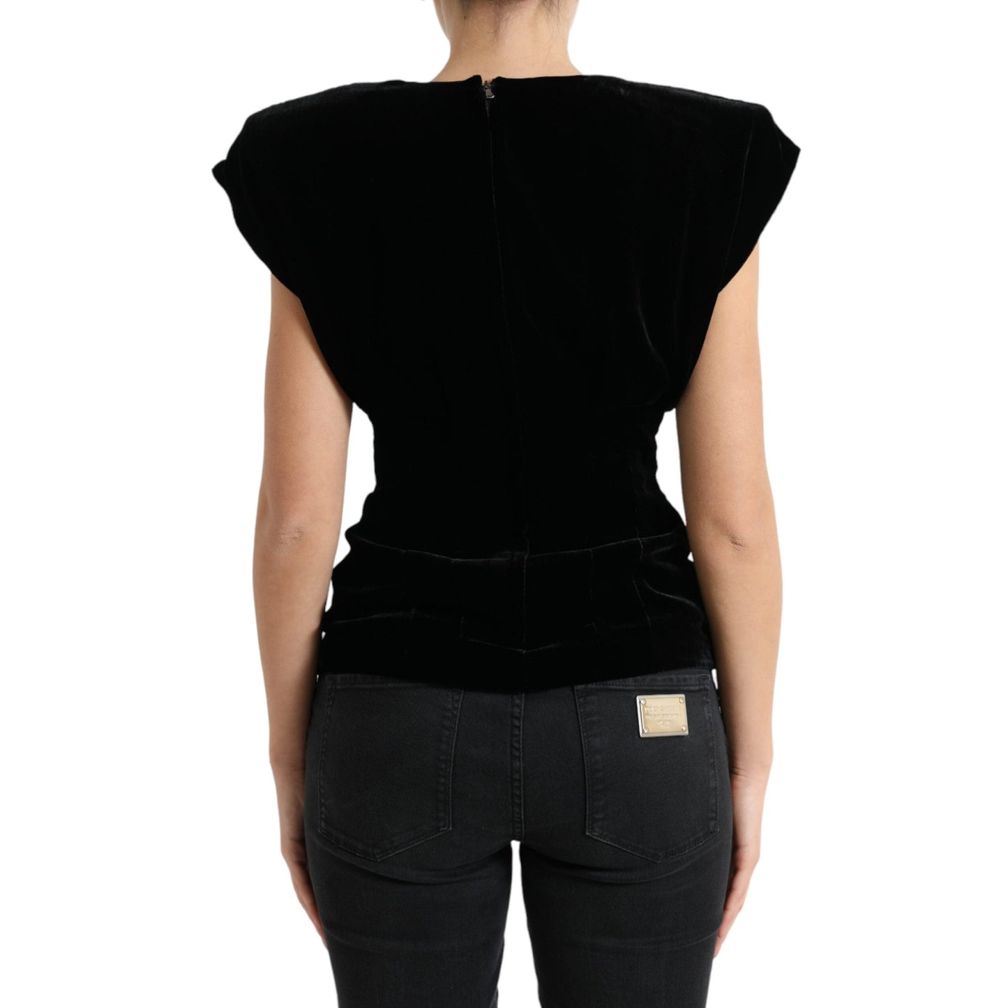 Dolce & Gabbana Black Velvet Fitted Padded Shoulder Blouse Top Dolce & Gabbana
