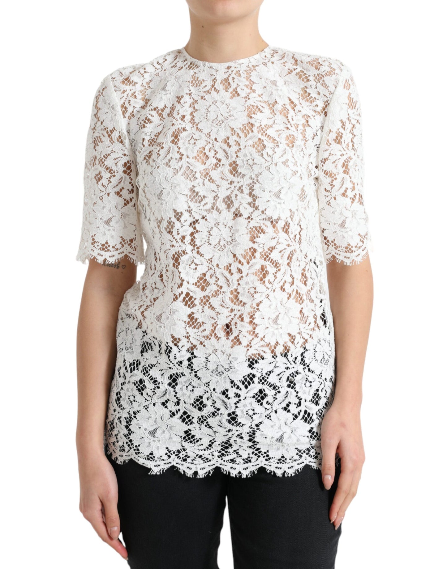 Dolce & Gabbana White Floral Lace Cotton Round Neck Blouse Top Dolce & Gabbana