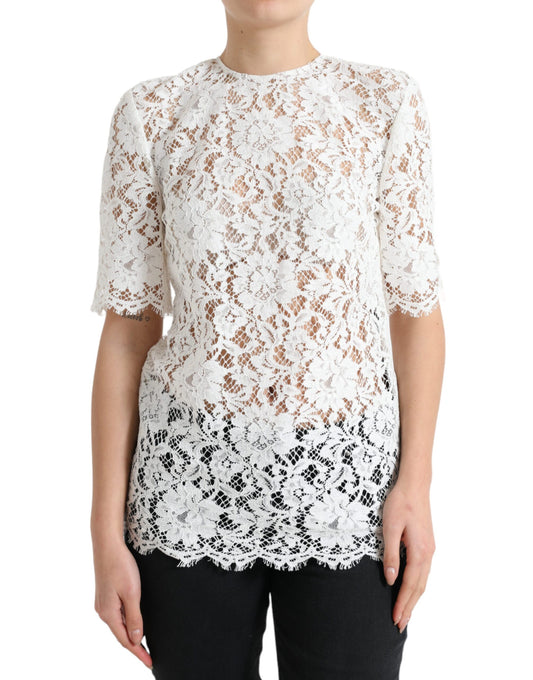 Dolce & Gabbana White Floral Lace Cotton Round Neck Blouse Top Dolce & Gabbana