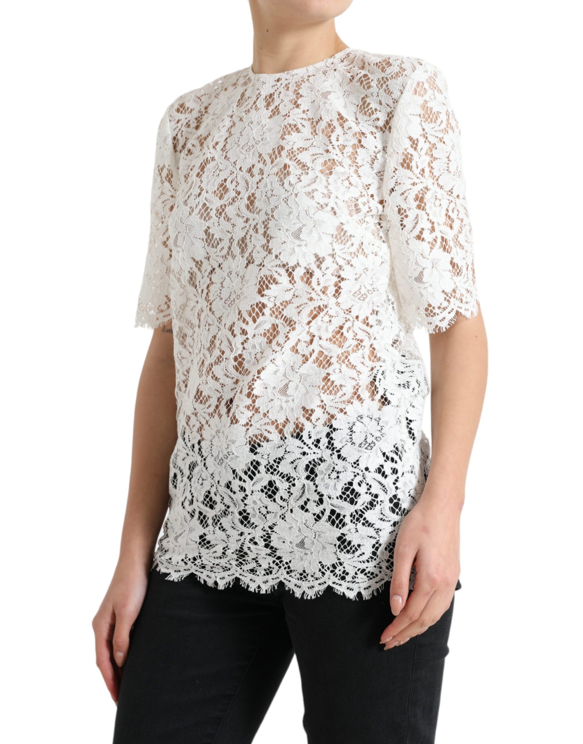 Dolce & Gabbana White Floral Lace Cotton Round Neck Blouse Top Dolce & Gabbana
