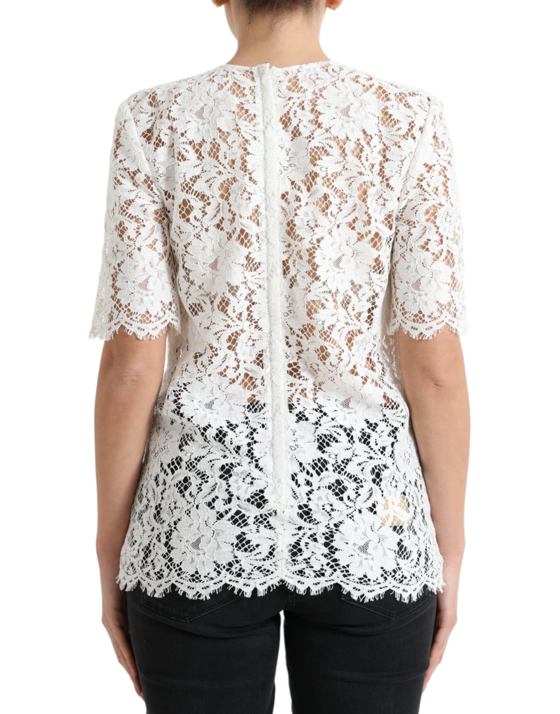 Dolce & Gabbana White Floral Lace Cotton Round Neck Blouse Top Dolce & Gabbana