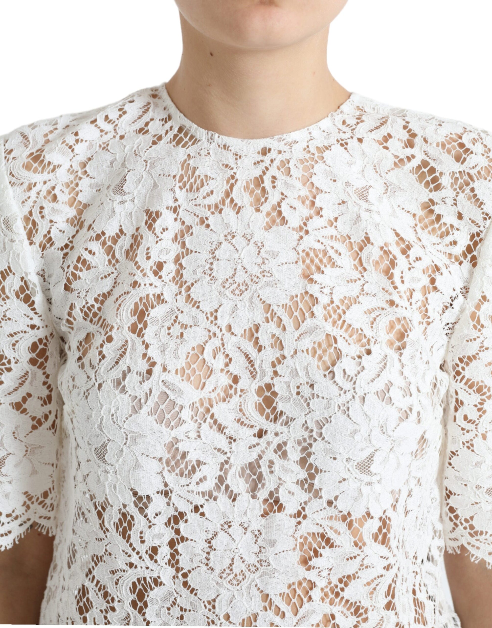 Dolce & Gabbana White Floral Lace Cotton Round Neck Blouse Top Dolce & Gabbana