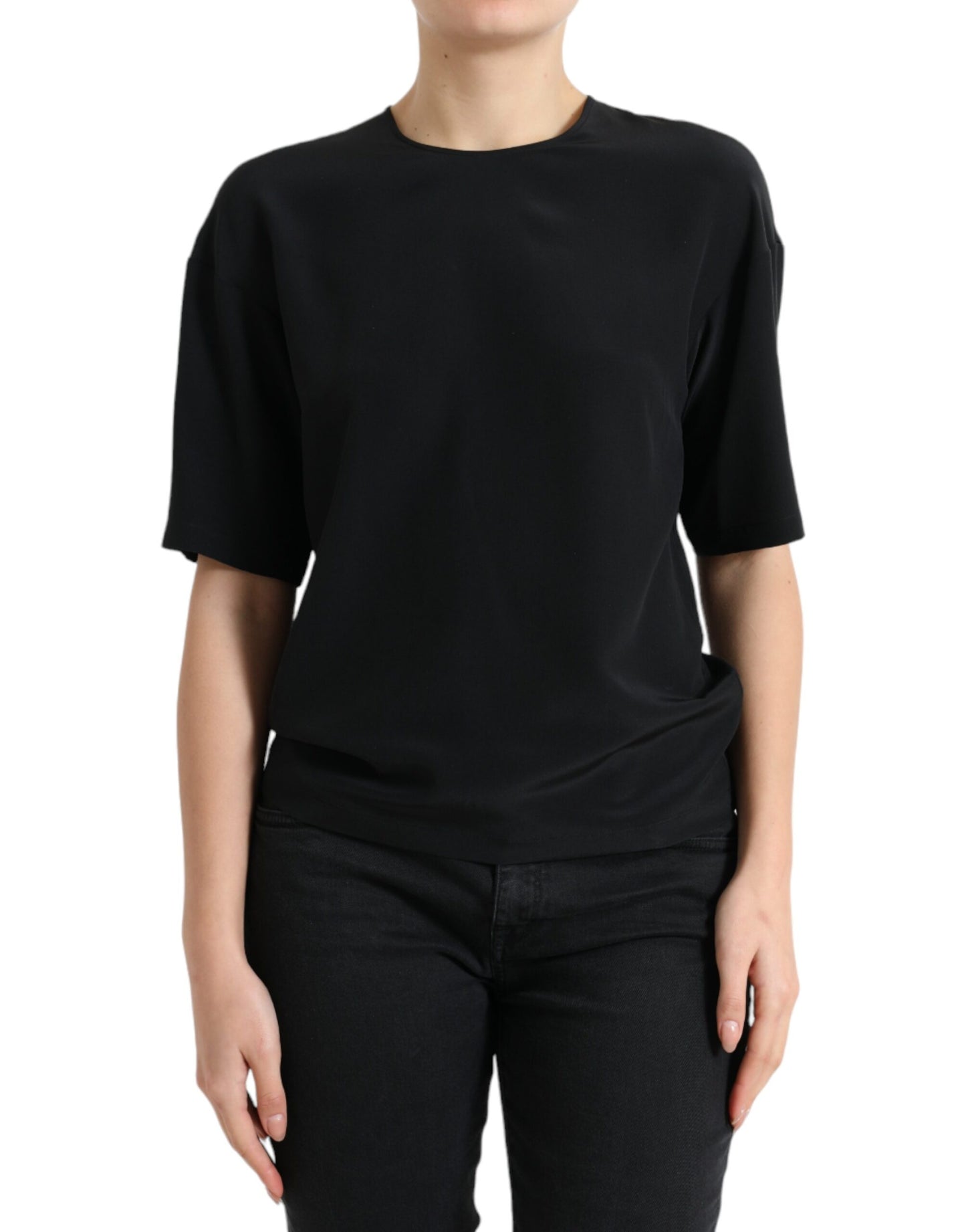 Dolce & Gabbana Black Silk Round Neck Short Sleeve Blouse Top Dolce & Gabbana