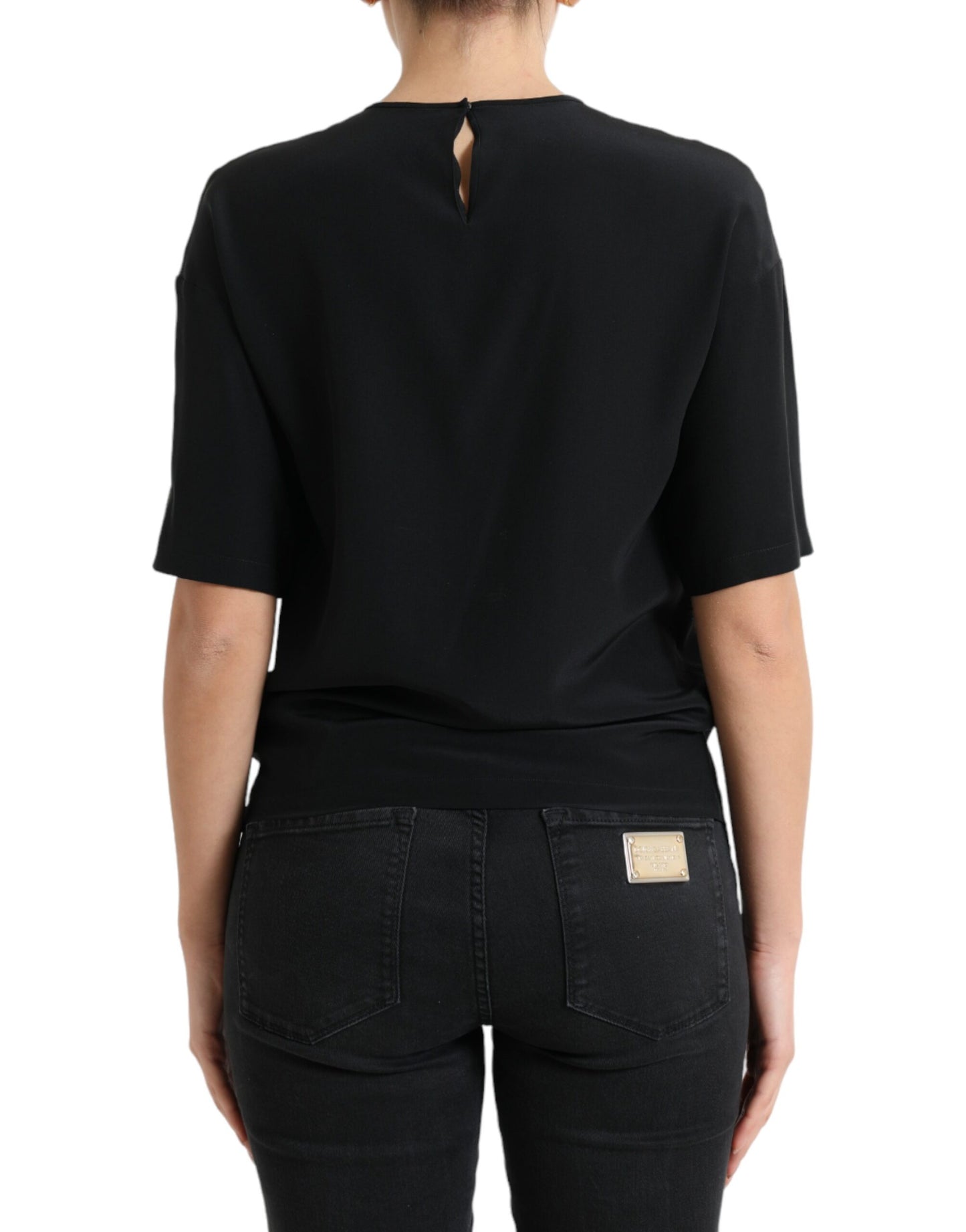 Dolce & Gabbana Black Silk Round Neck Short Sleeve Blouse Top Dolce & Gabbana